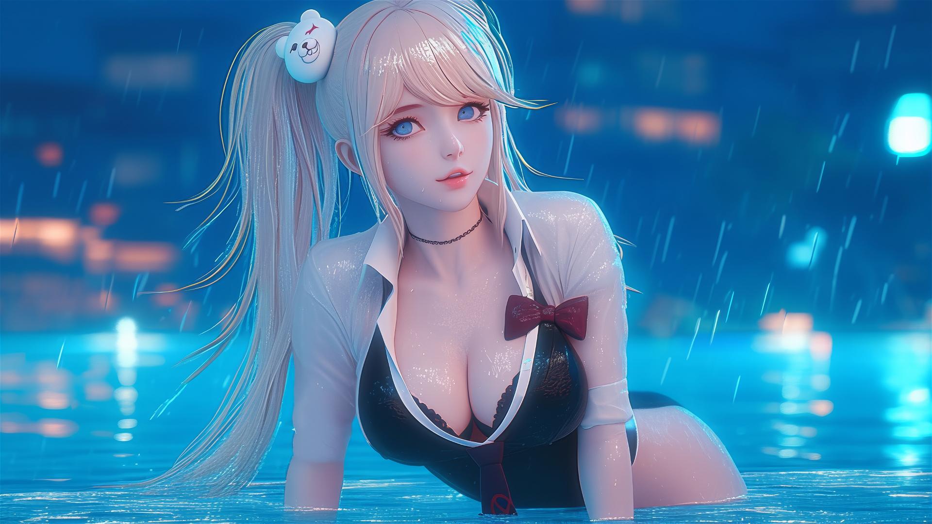 Junko Enoshima resting at rainy pool, thigh focus, blond hair, blue eyes.