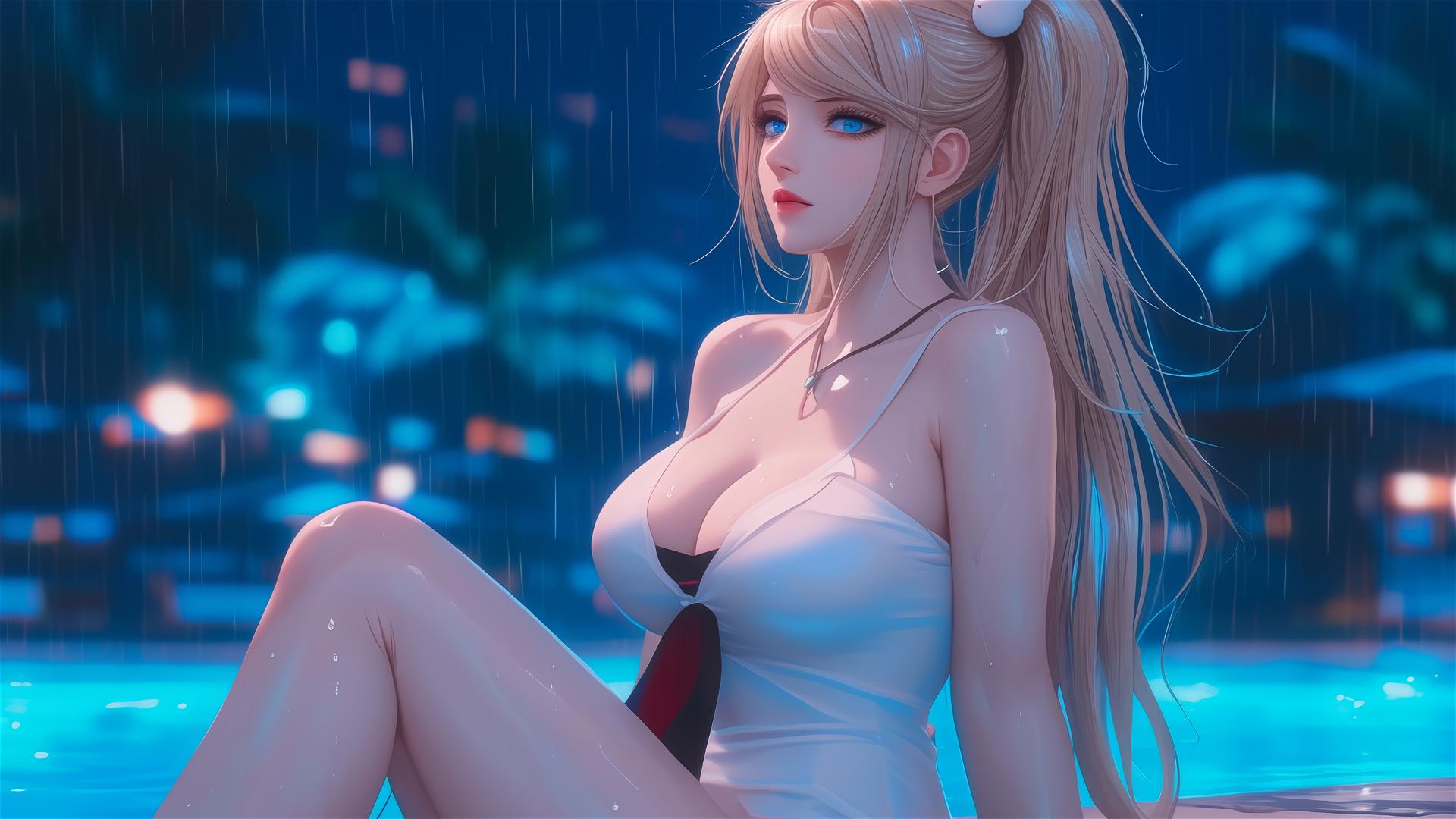 Junko Enoshima from Danganronpa resting at a rainy pool, focus on thighs, blond hair, light blue eyes, in white dress.