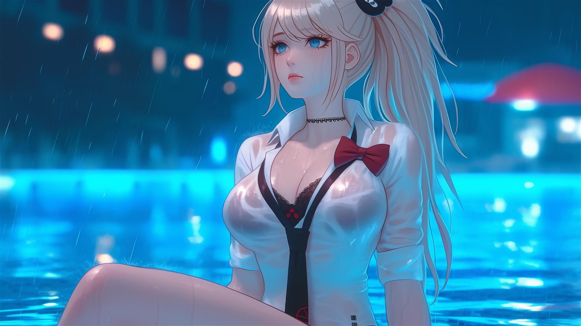Junko Enoshima from Danganronpa resting at a rainy swimming pool
