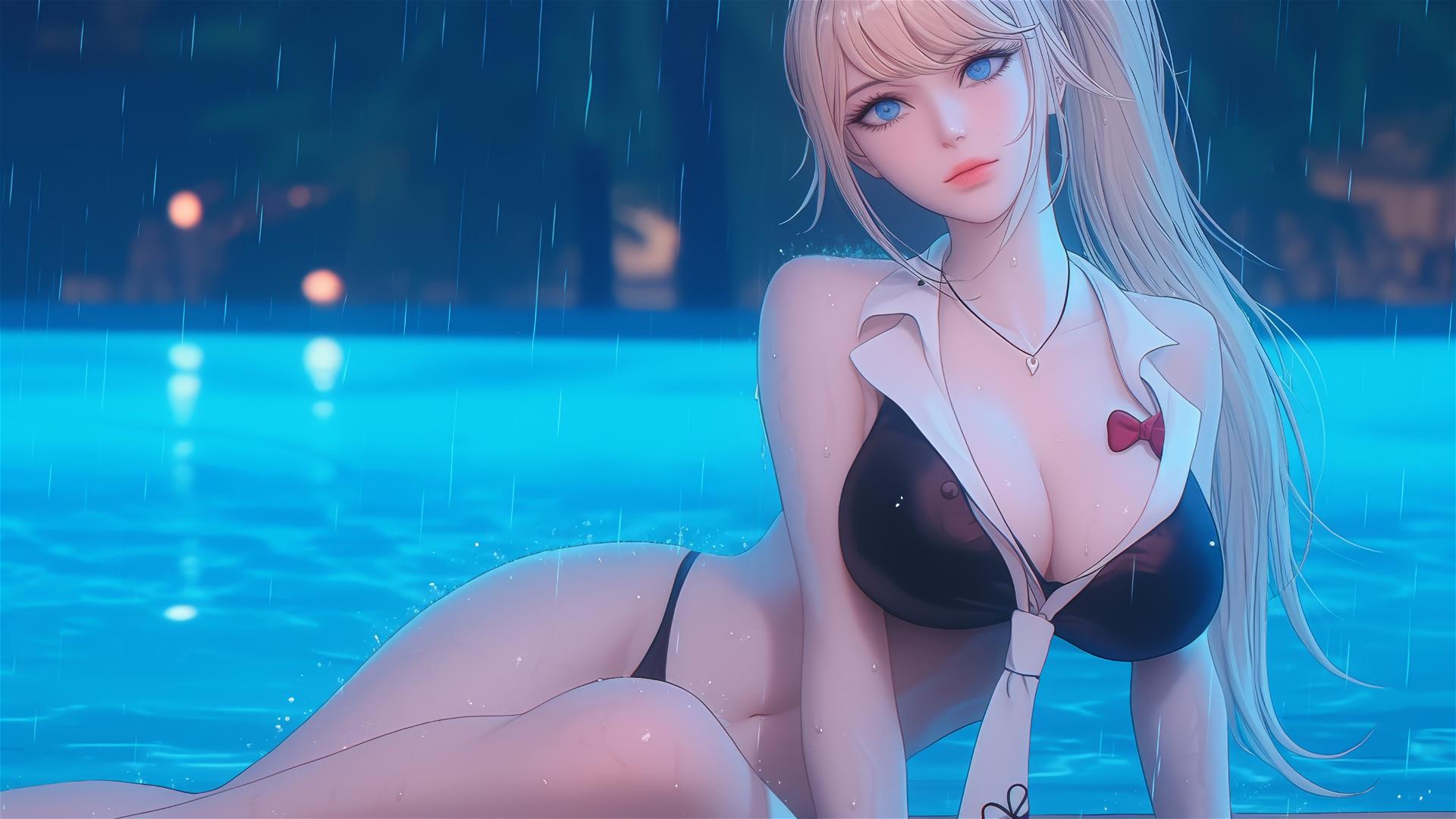 Junko Enoshima resting at a rainy pool, thigh focus, blond hair, light blue eyes