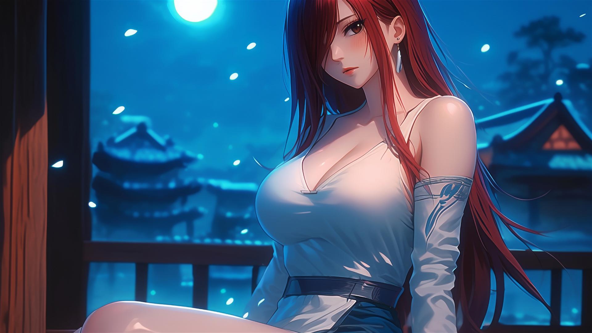 Erza Scarlet from Fairy Tail resting at home in moonlight