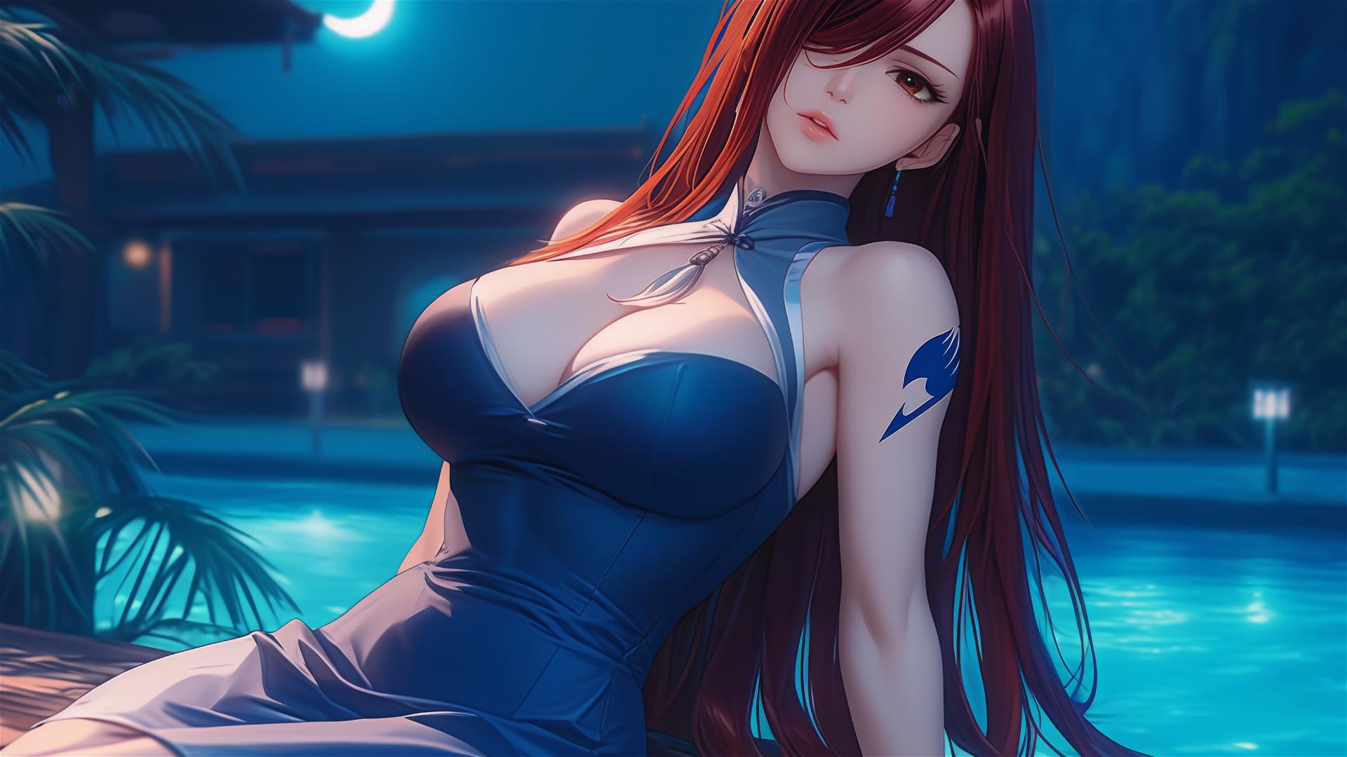 Erza Scarlet from Fairy Tail resting at home under moonlight