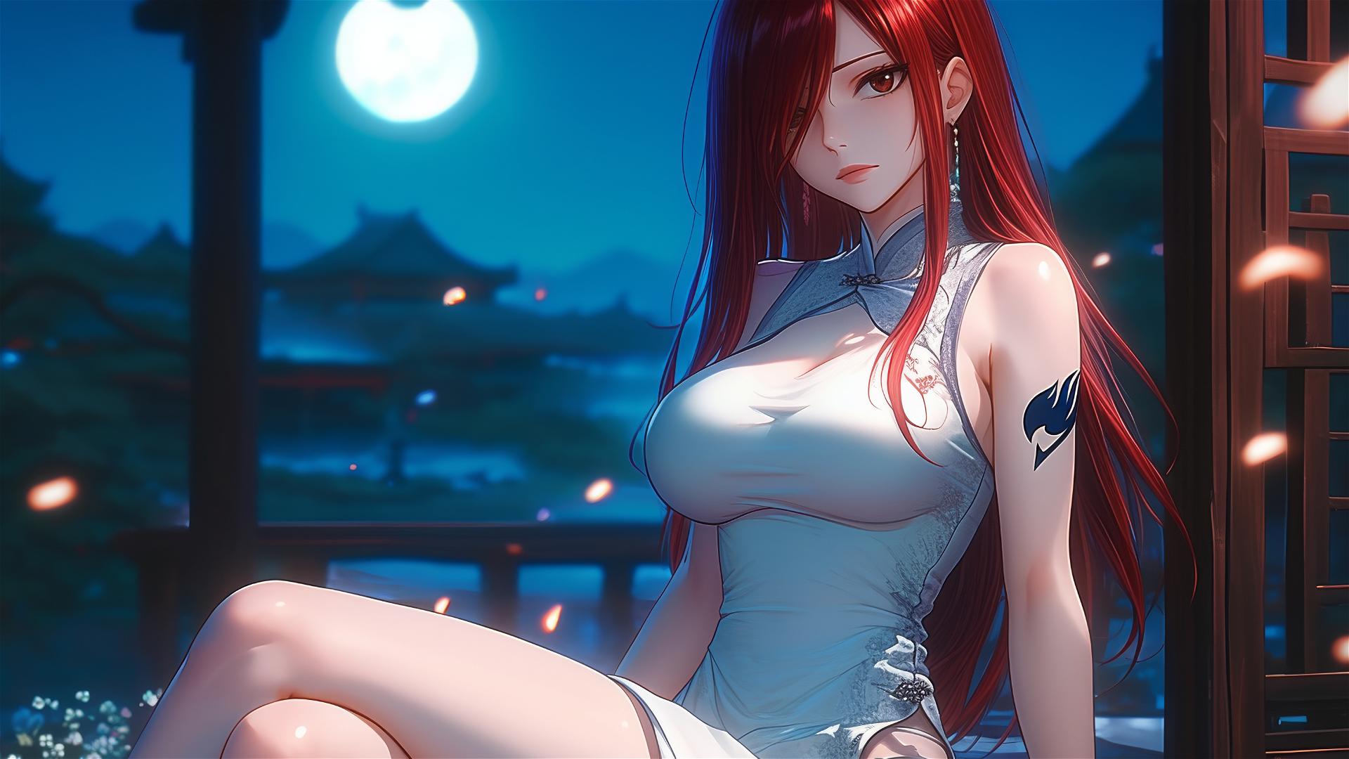Erza Scarlet resting at home under moonlight, with brown eyes