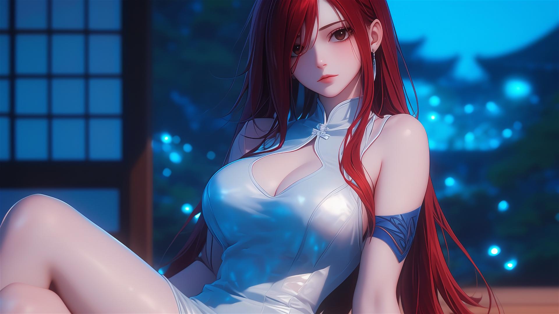 Erza Scarlet resting at home under moonlight, brown eyes visible