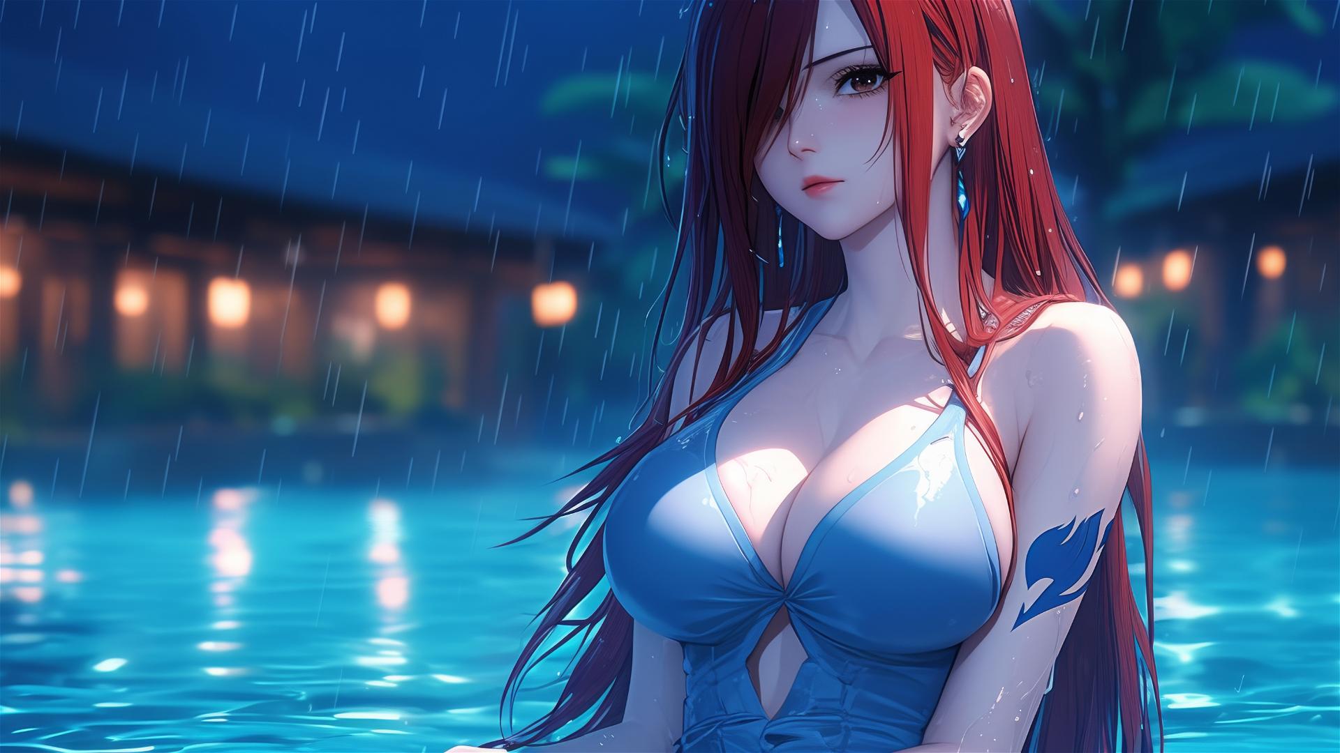 Erza Scarlet resting by a pool with moonlight, brown eyes.