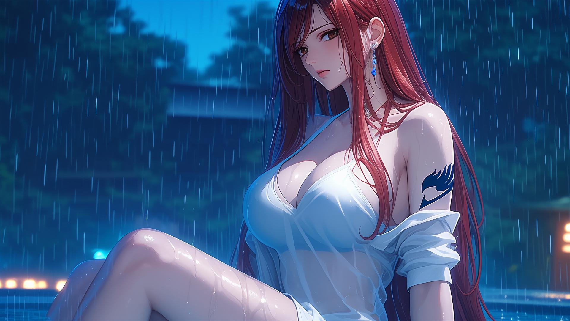 Erza Scarlet resting by a pool under moonlight with rain, showing brown eyes