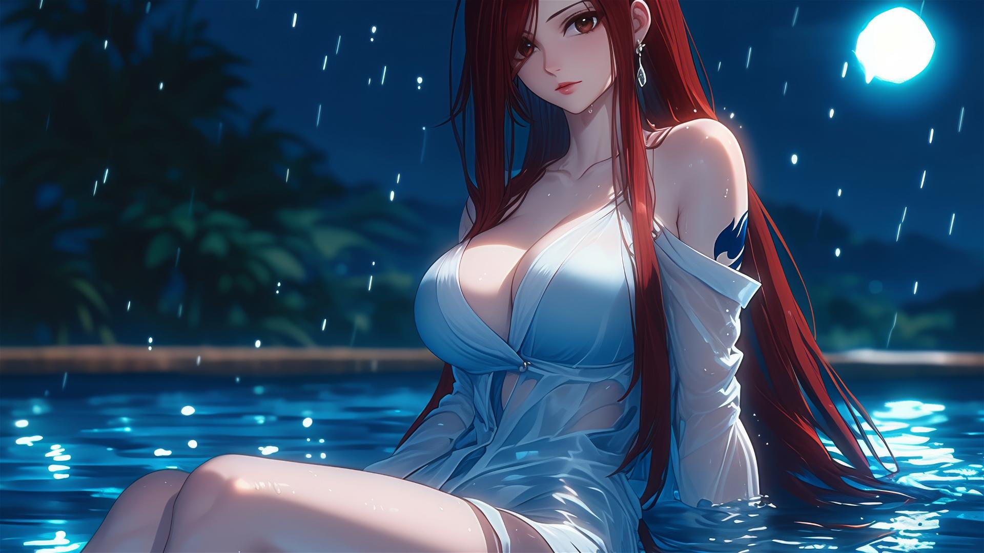 Erza Scarlet resting by a rainy pool under moonlight