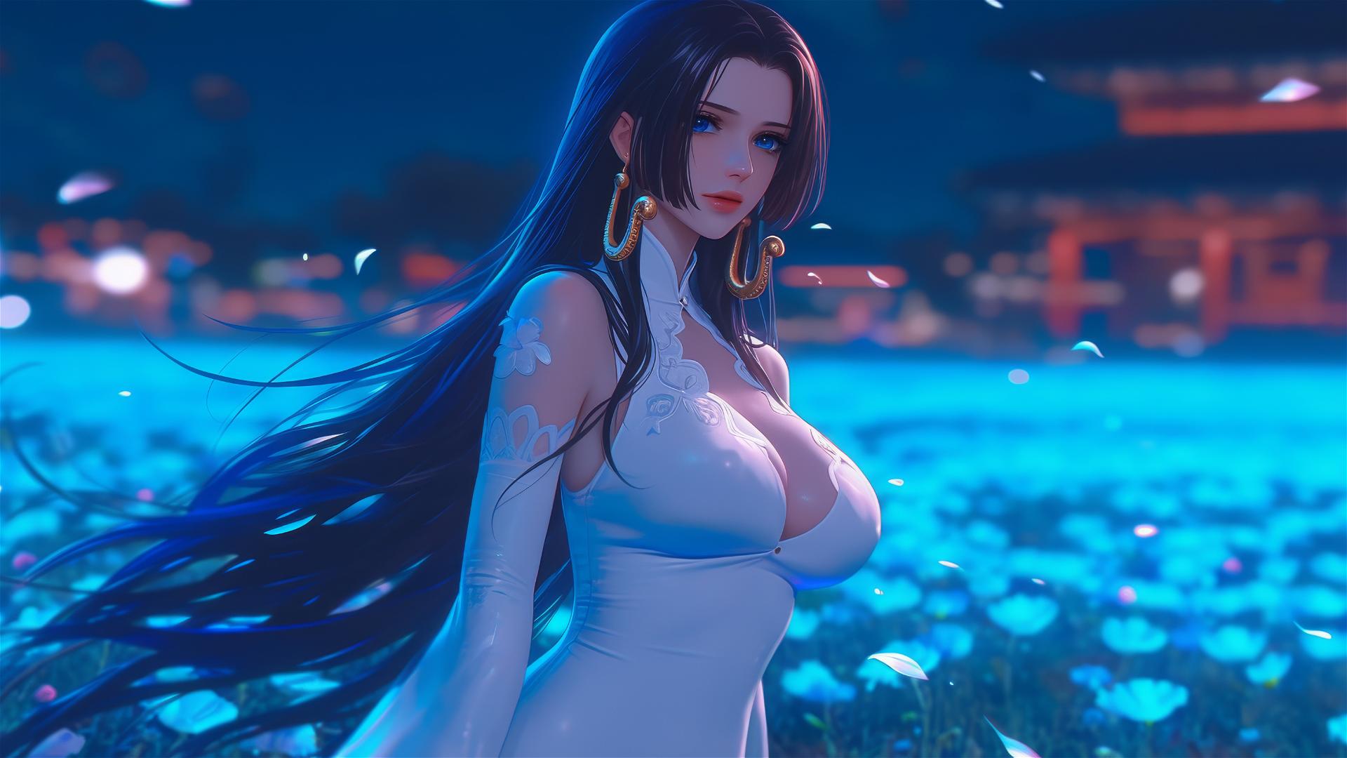Boa Hancock from One Piece leisurely strolling under starlit sky in blooming fields