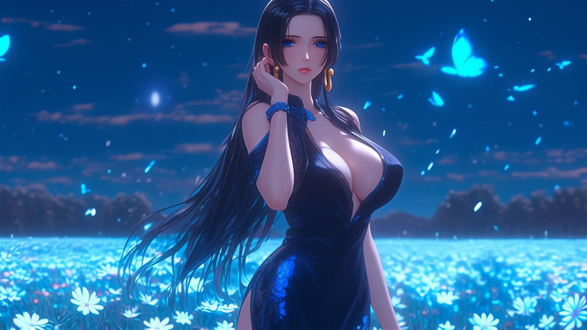 Boa Hancock from One Piece walking on blooming field under starry night with moonlight glow