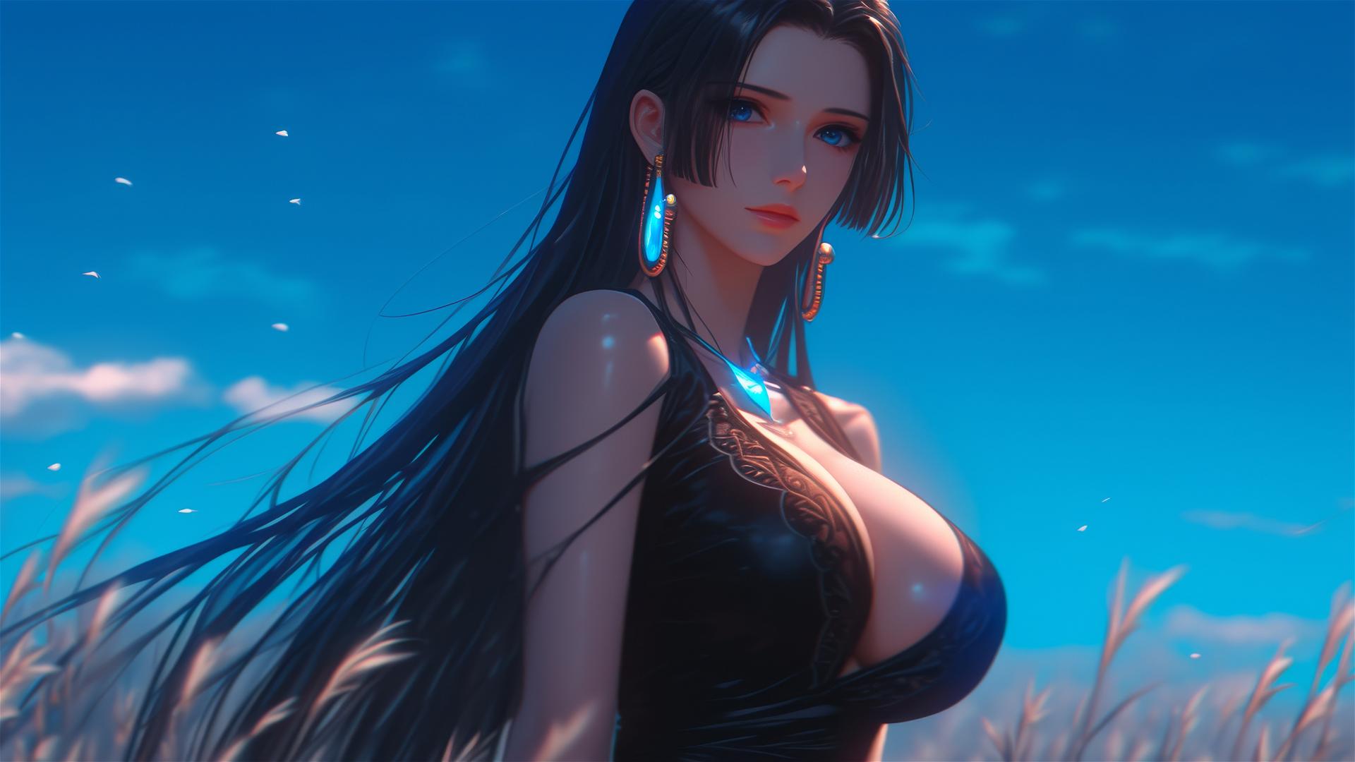 Boa Hancock from One Piece walking in blooming fields under starry night with moonlight glow
