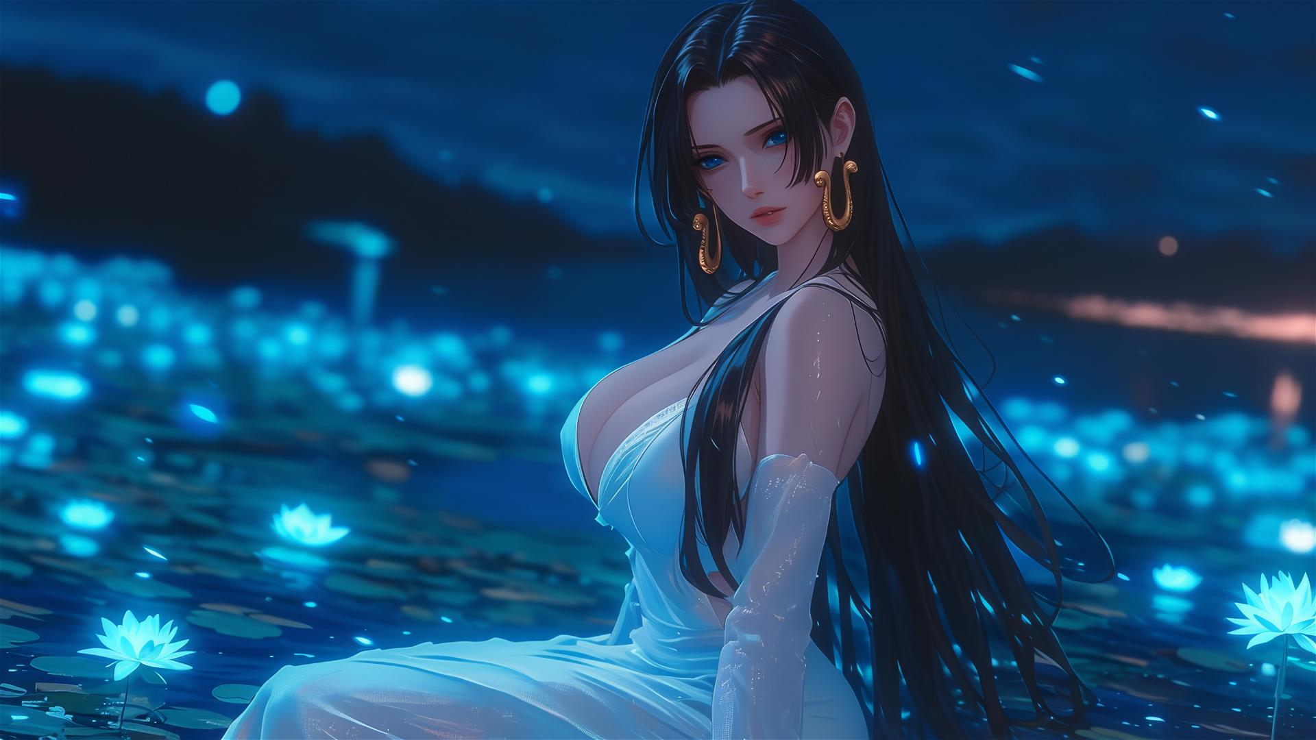 Boa Hancock from One Piece walking in blooming fields under a starry night sky and moonlight.