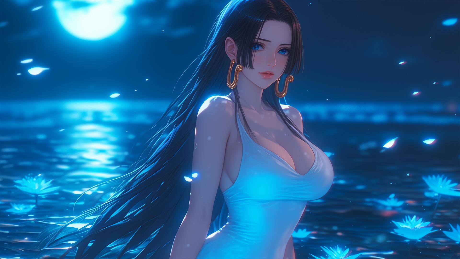 Boa Hancock, One Piece character, walking in blooming fields under a starry, moonlit night