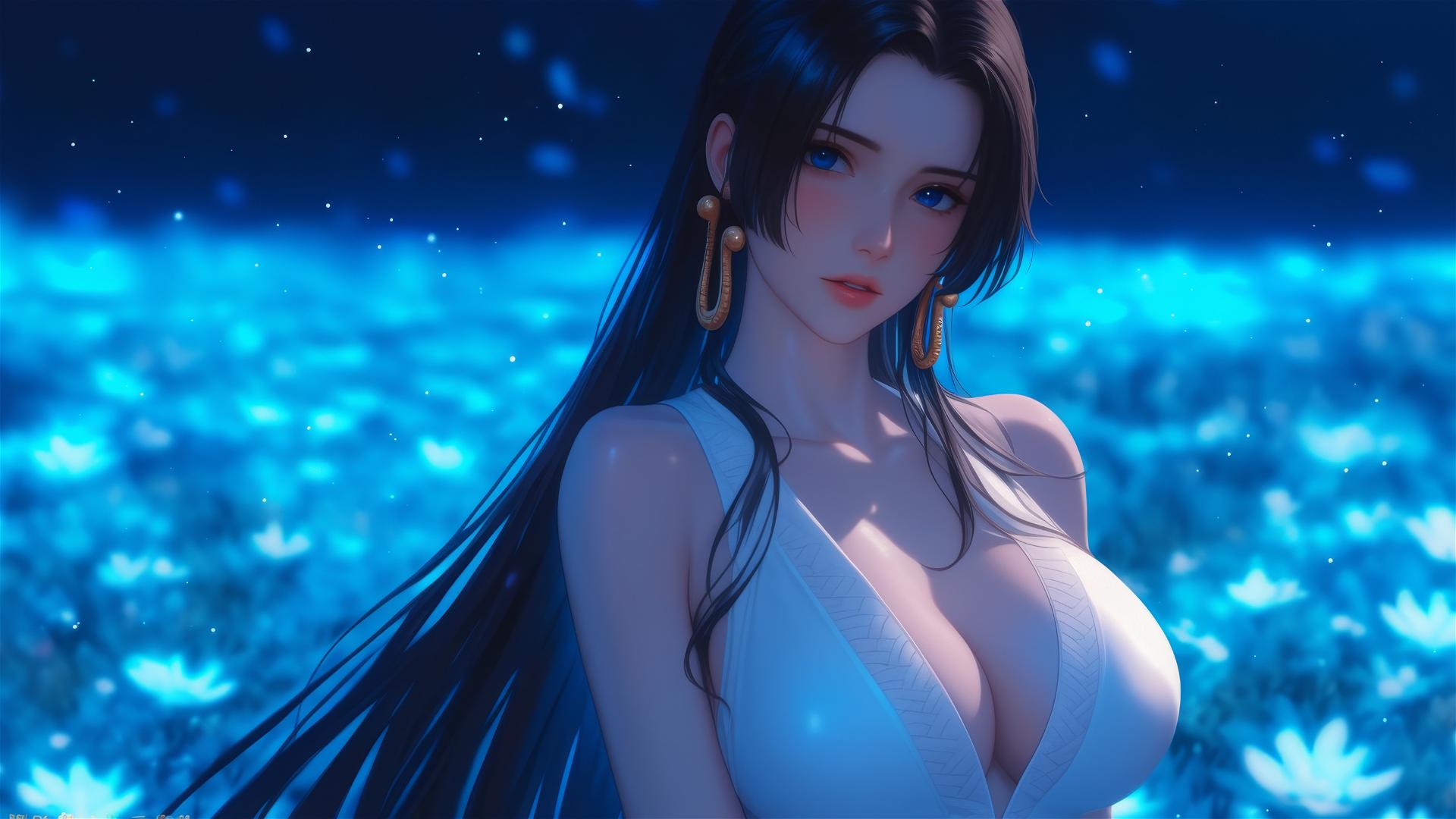 Boa Hancock from One Piece walking in blooming fields under starry night with moonlight on her