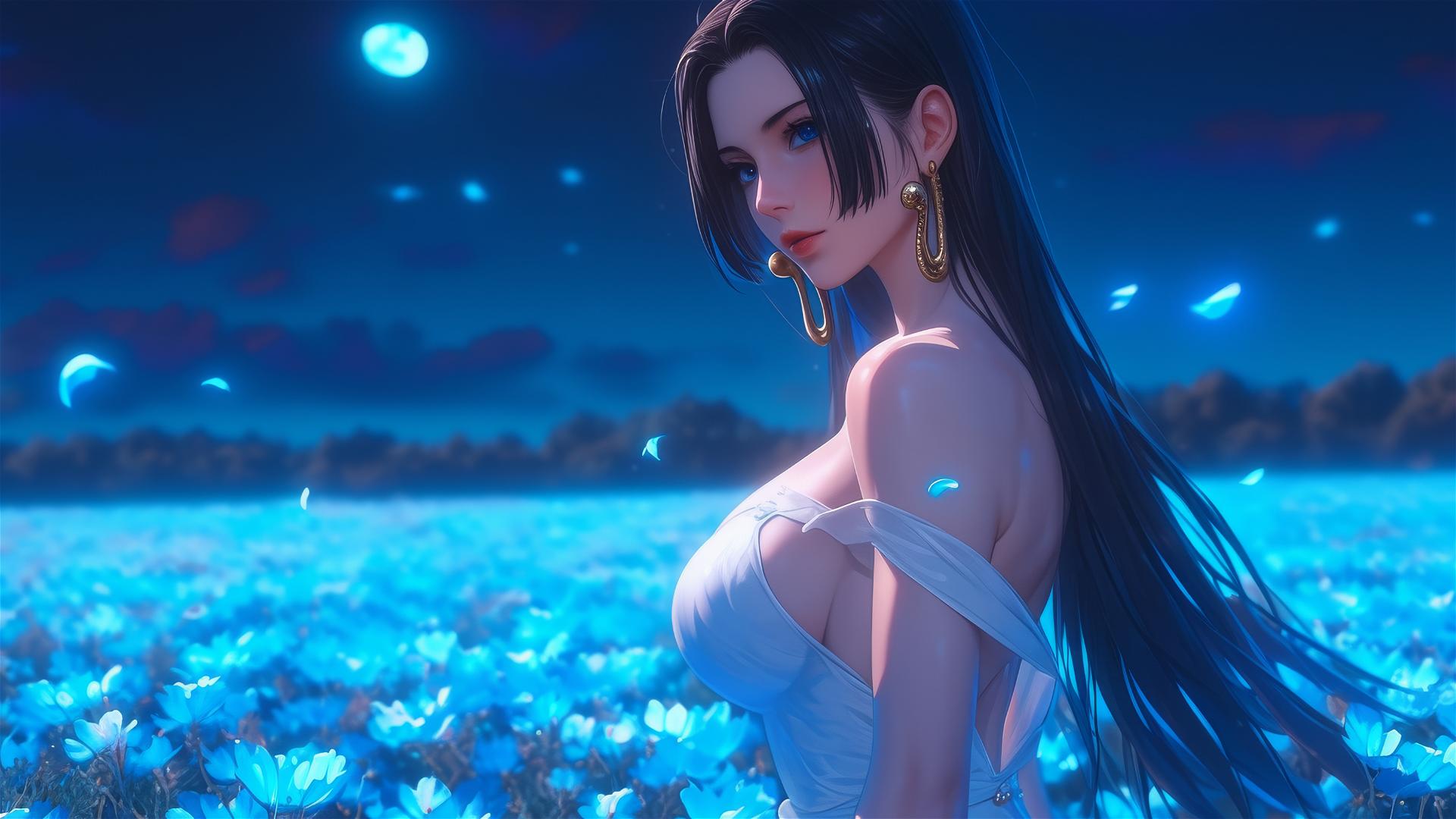 Boa Hancock from One Piece, leisurely walking on fields in bloom, starry night, moonlit figure, aesthetic, dreamy, tranquil.