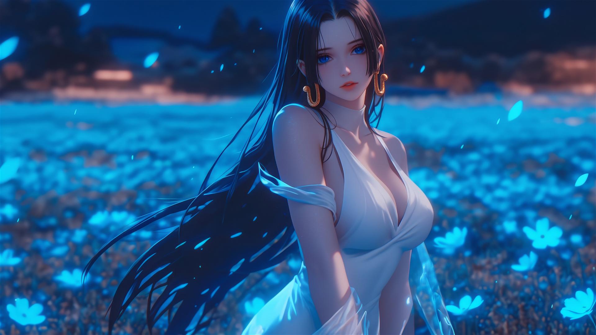 Boa Hancock walking in blooming fields under a starry night