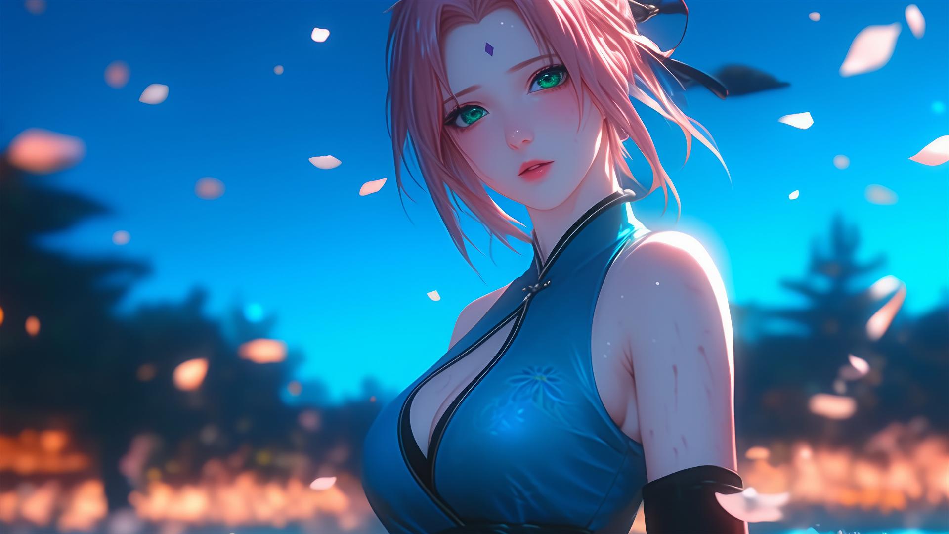 Sakura Haruno from Naruto walking leisurely on blooming fields under a starry night, with moonlight casting a soft glow on her figure