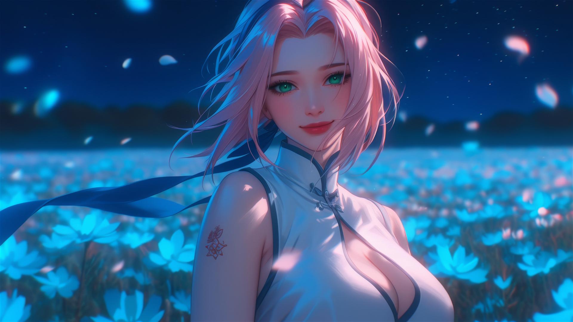 Sakura Haruno from Naruto, walking leisurely in blooming fields under a starry night, with moonlight casting a soft glow on her.