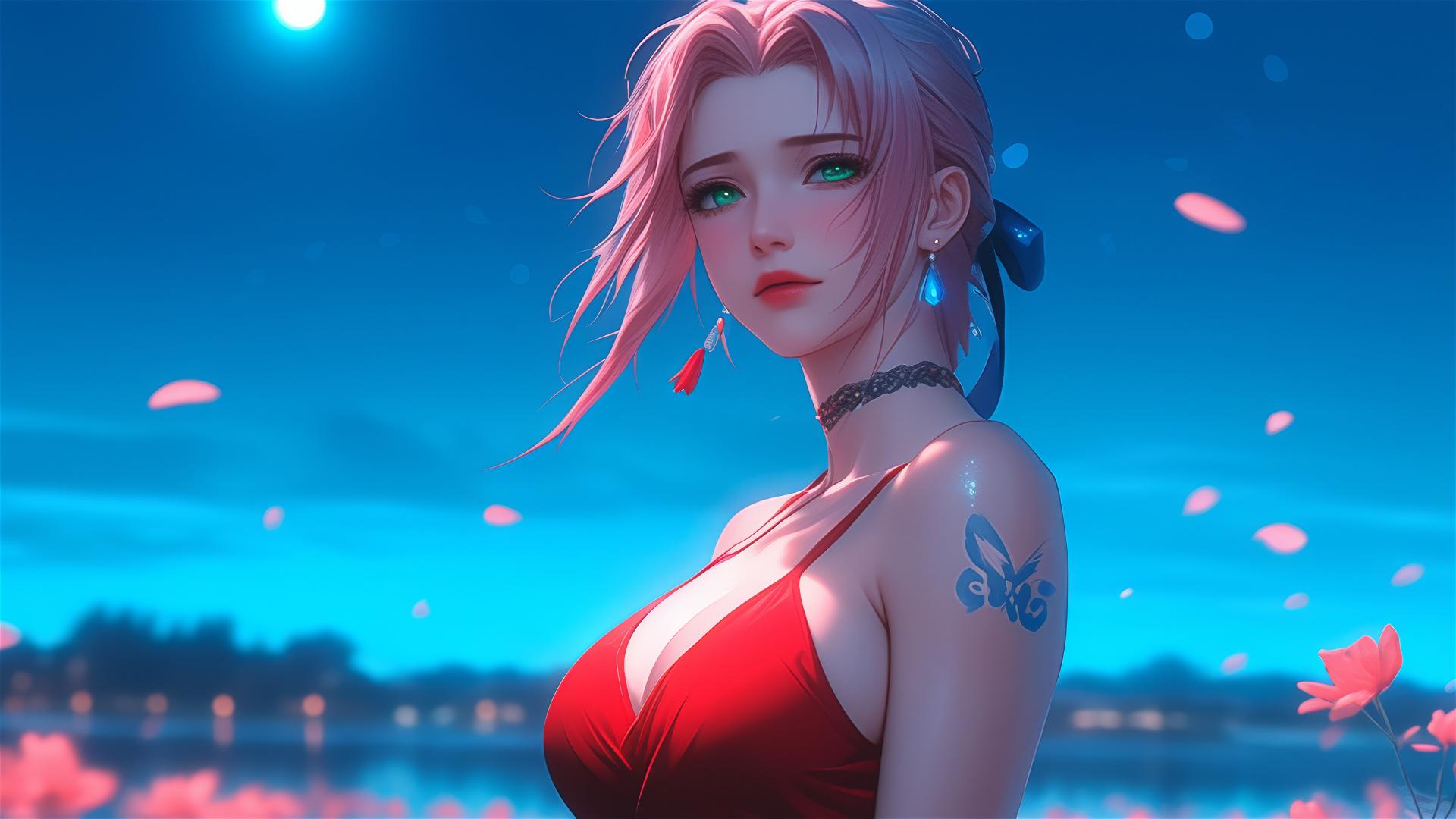 Sakura Haruno walking in blooming fields at night under moon glow