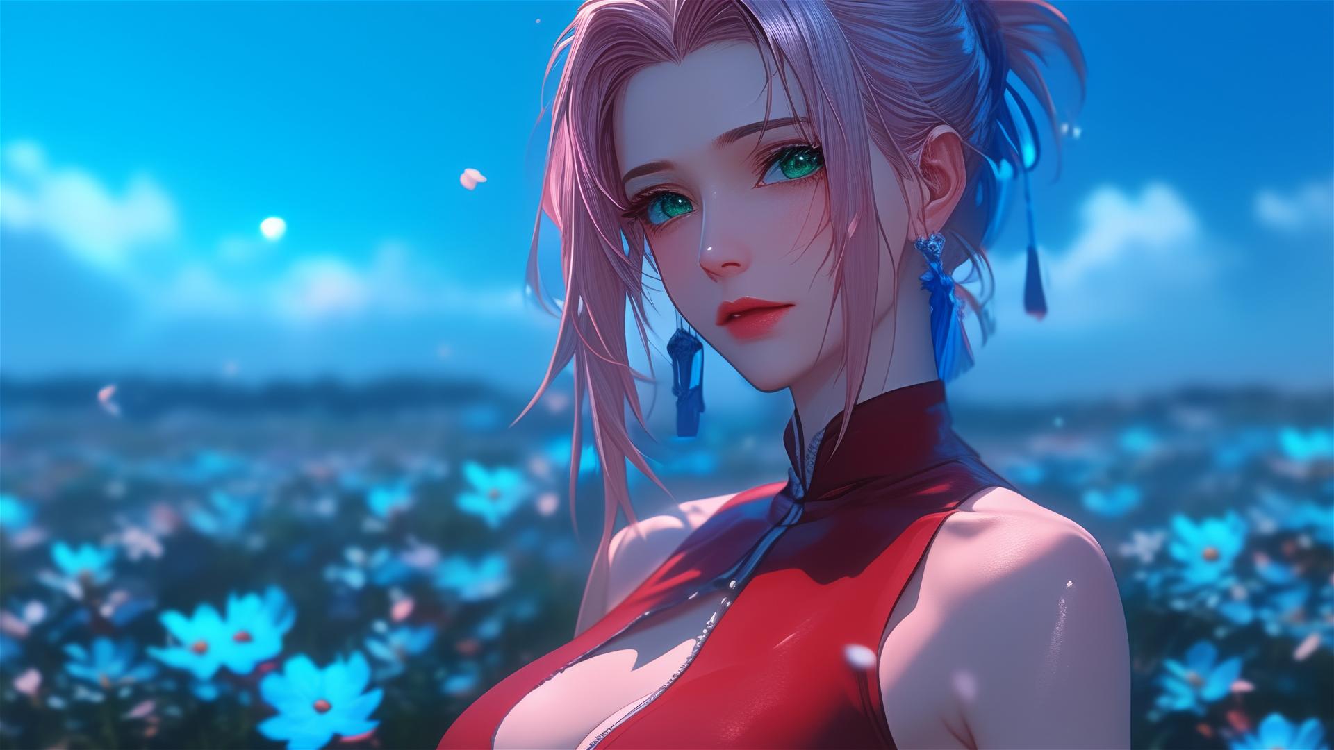 Sakura Haruno walking in blooming fields at night with moonlight glow