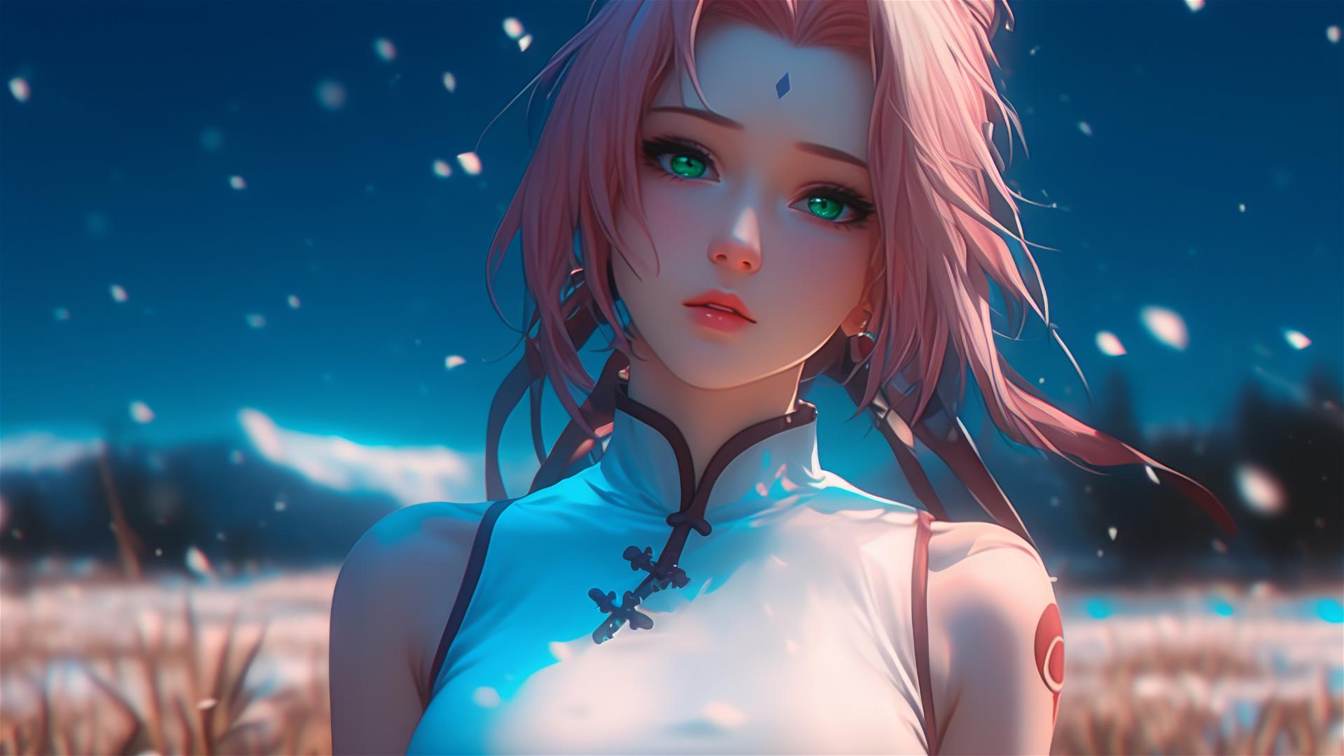 Sakura Haruno walking in blooming fields under moonlight