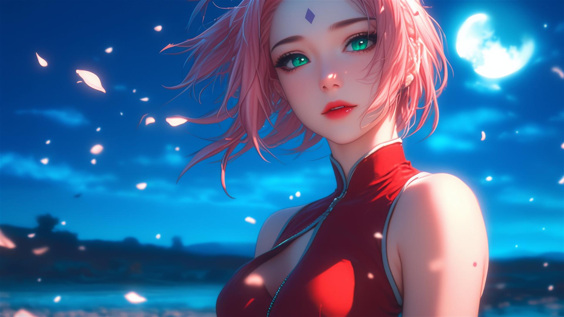 Sakura Haruno from Naruto walking in blooming fields at night with moonlight on her figure