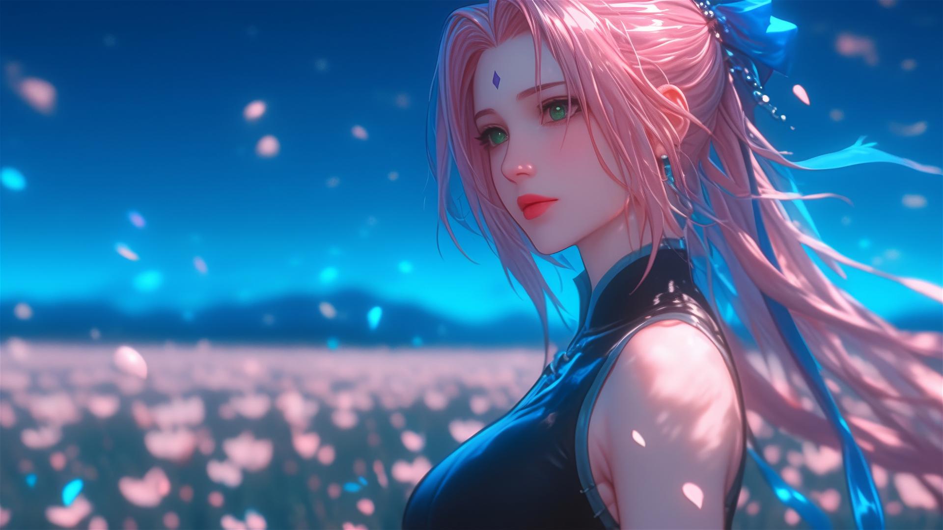 Sakura Haruno under moonlight in blooming fields, starry night