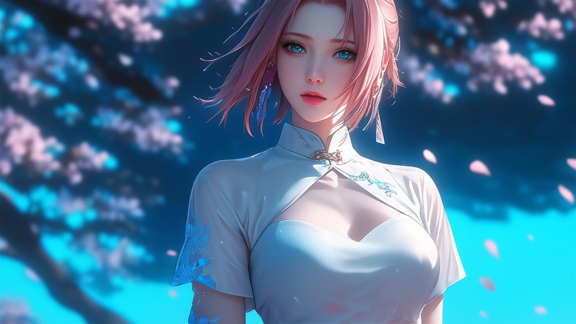 Sakura Haruno from Naruto walking on blooming fields under starry night with moonlight casting a soft glow on her