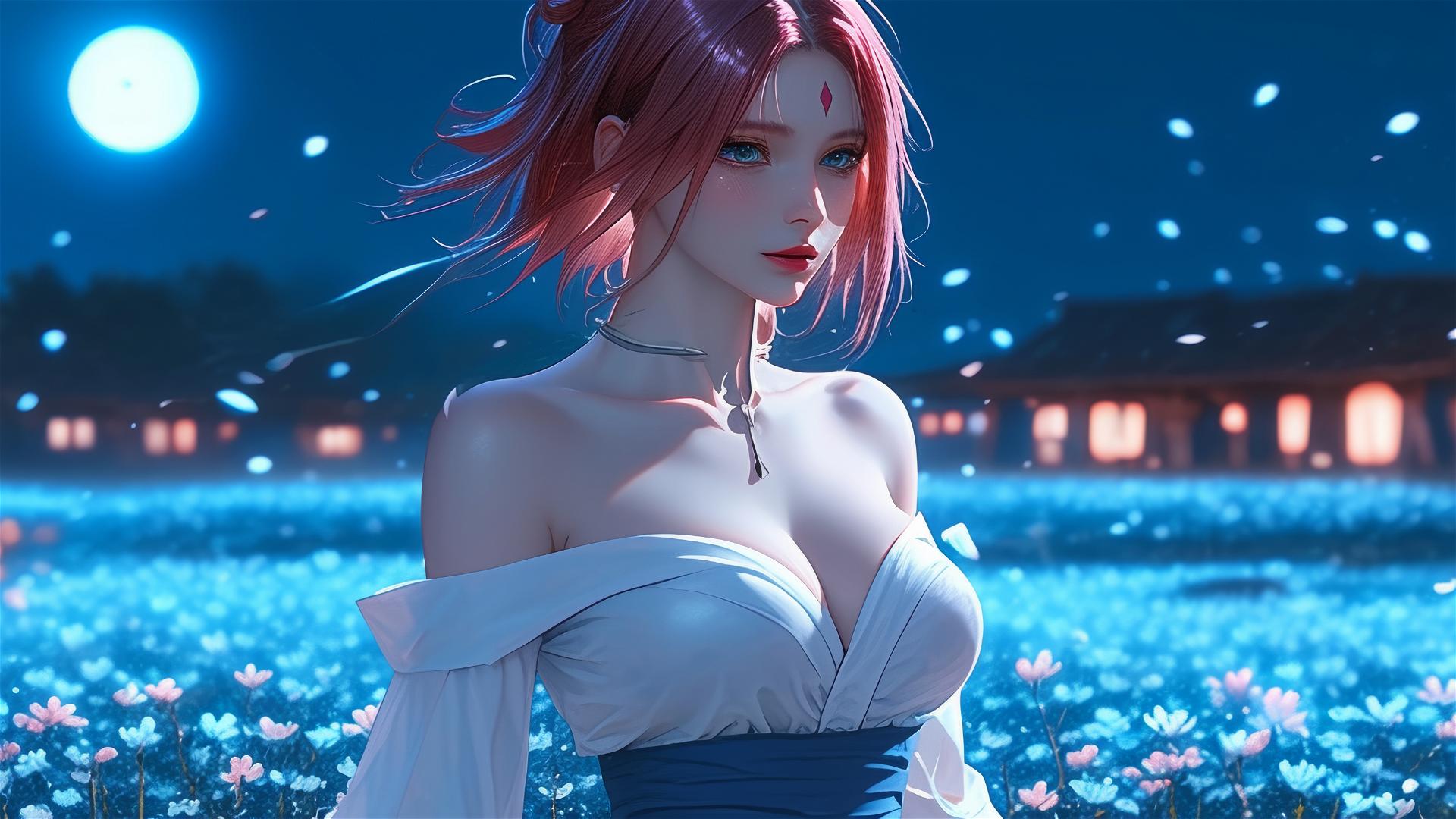 Sakura Haruno walking in blooming fields under starry moonlit night