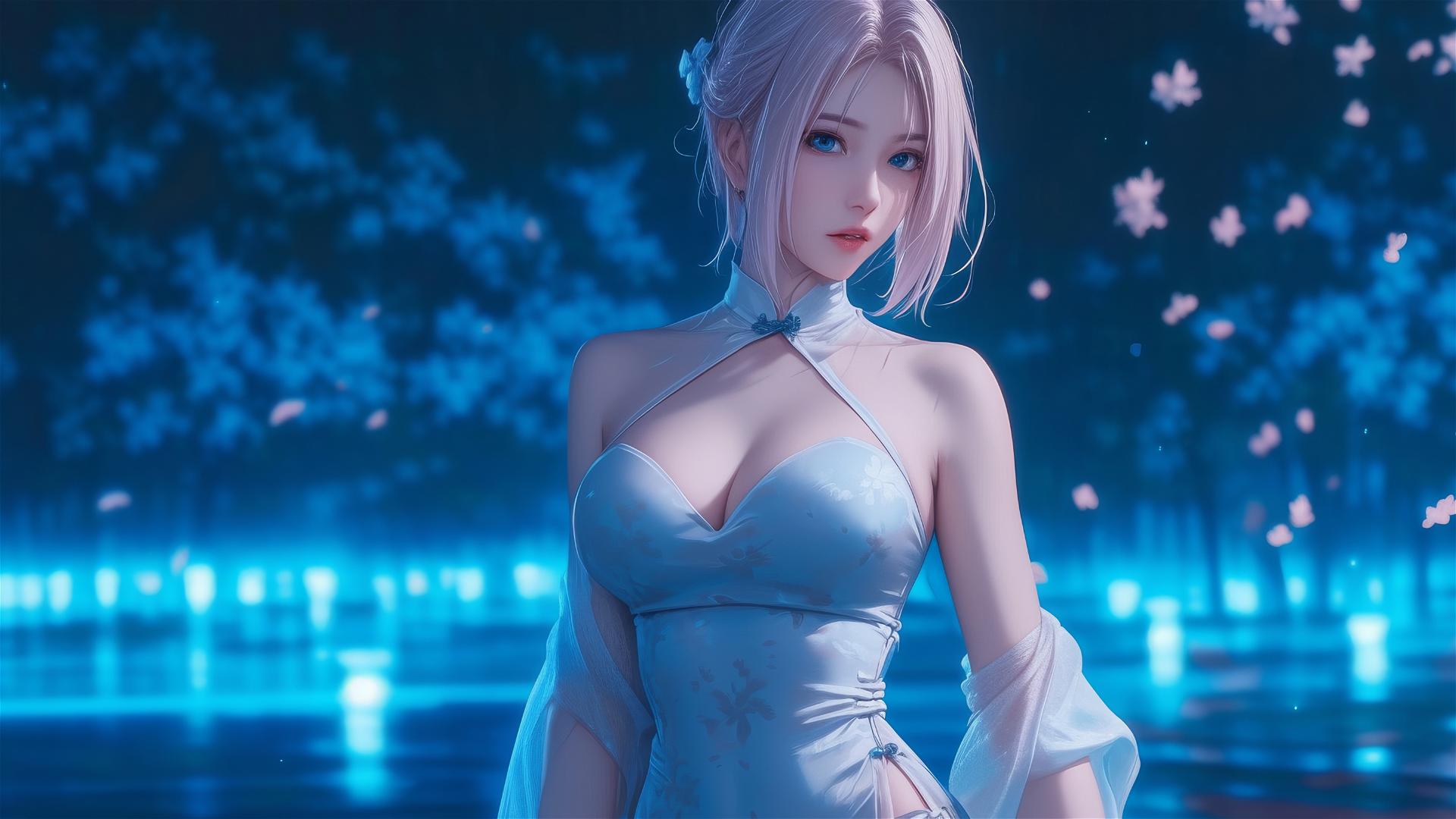 Sakura Haruno from Naruto walking under starry night with blooming fields and moonlit silhouette