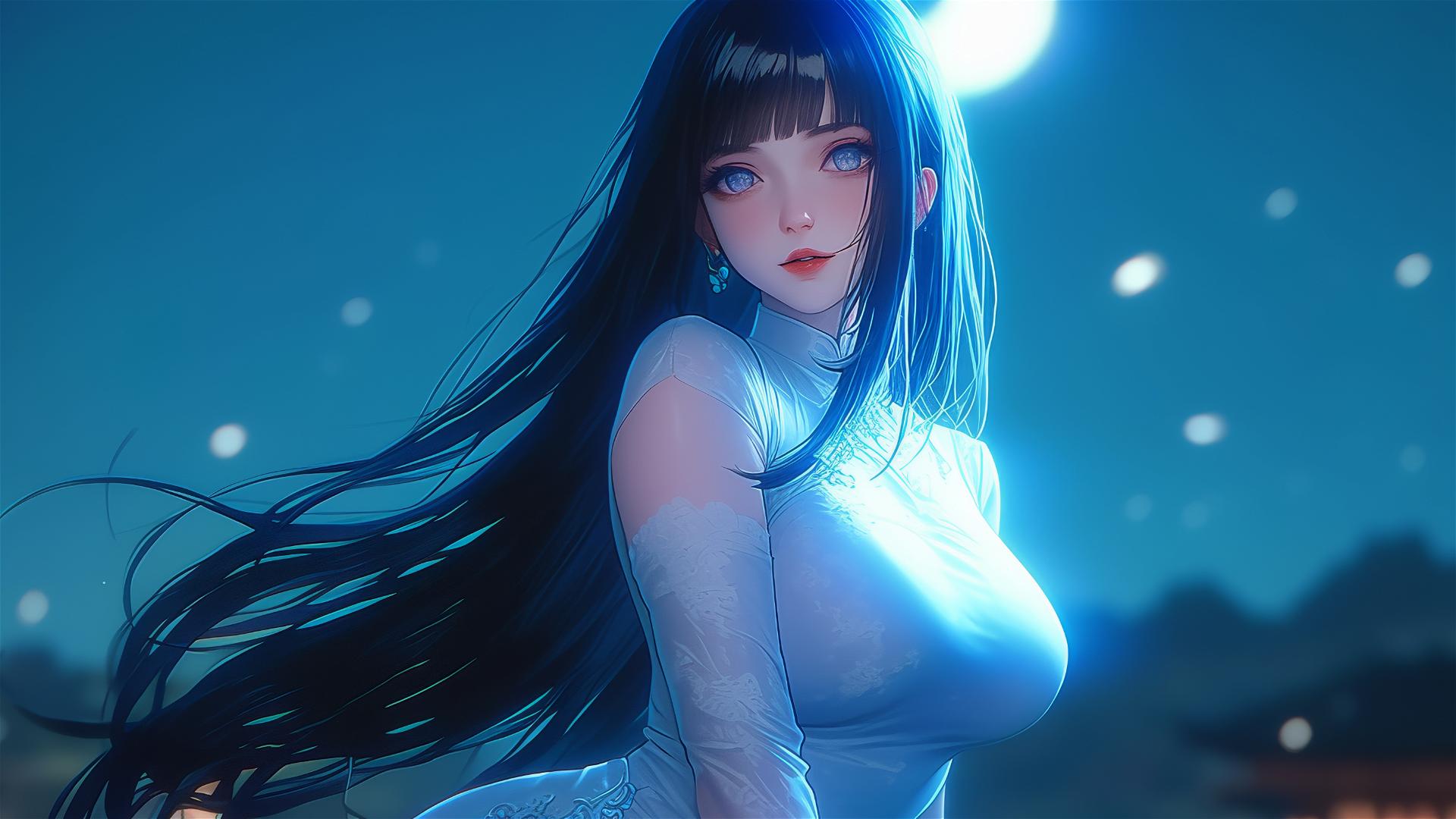 Hinata Hyuga from Naruto walking under a starry night on a hill with moonlight casting a soft glow on her figure