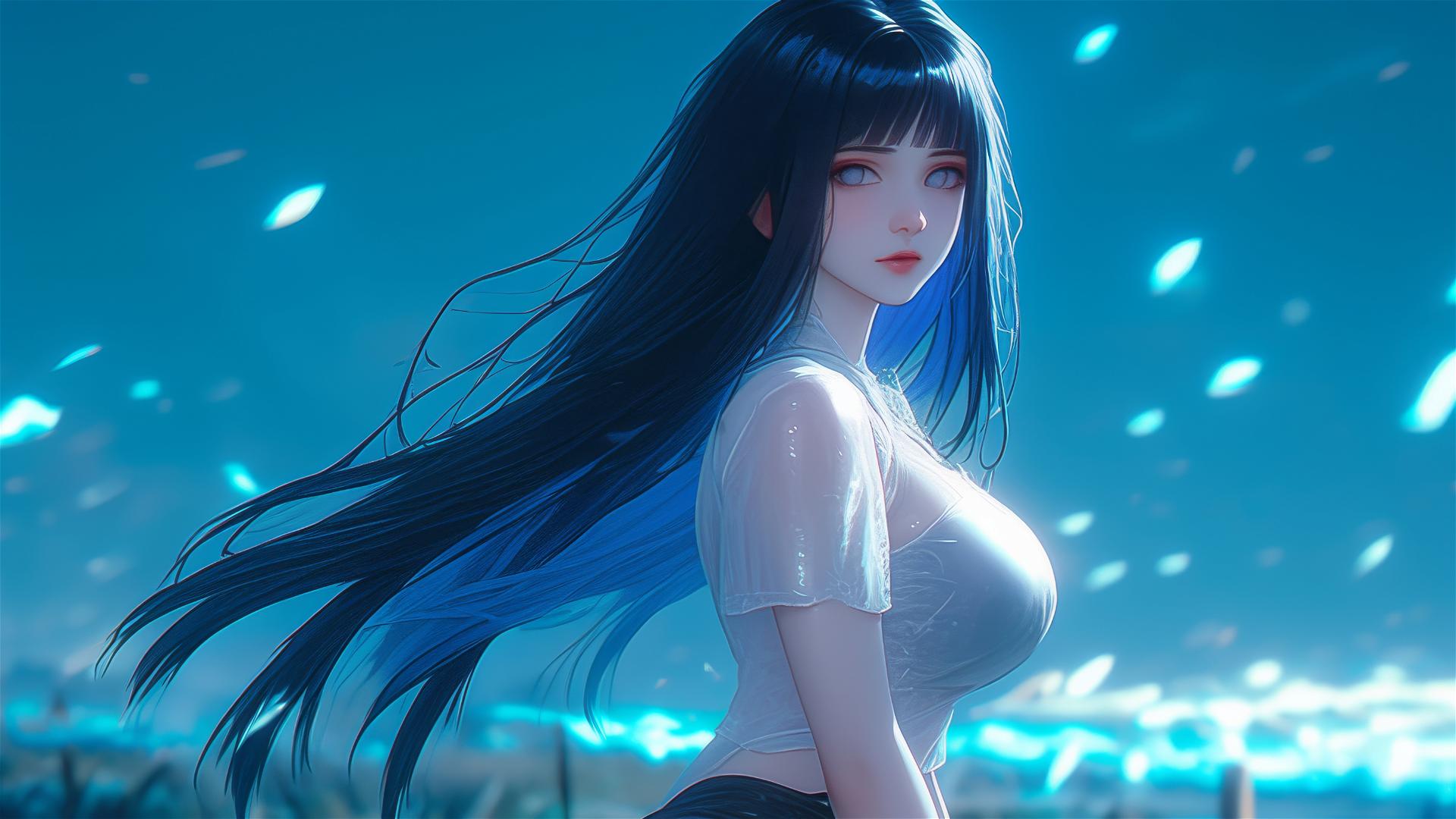 Hinata Hyuga from Naruto walking under a starry sky on a hill, with moonlight on her