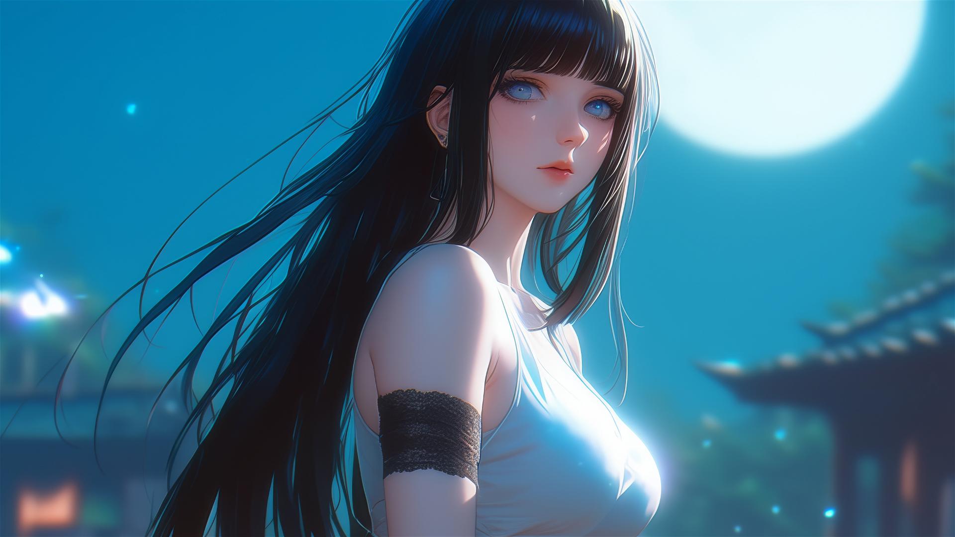 Hinata Hyuga from Naruto walking under starry sky with moonlight on hill