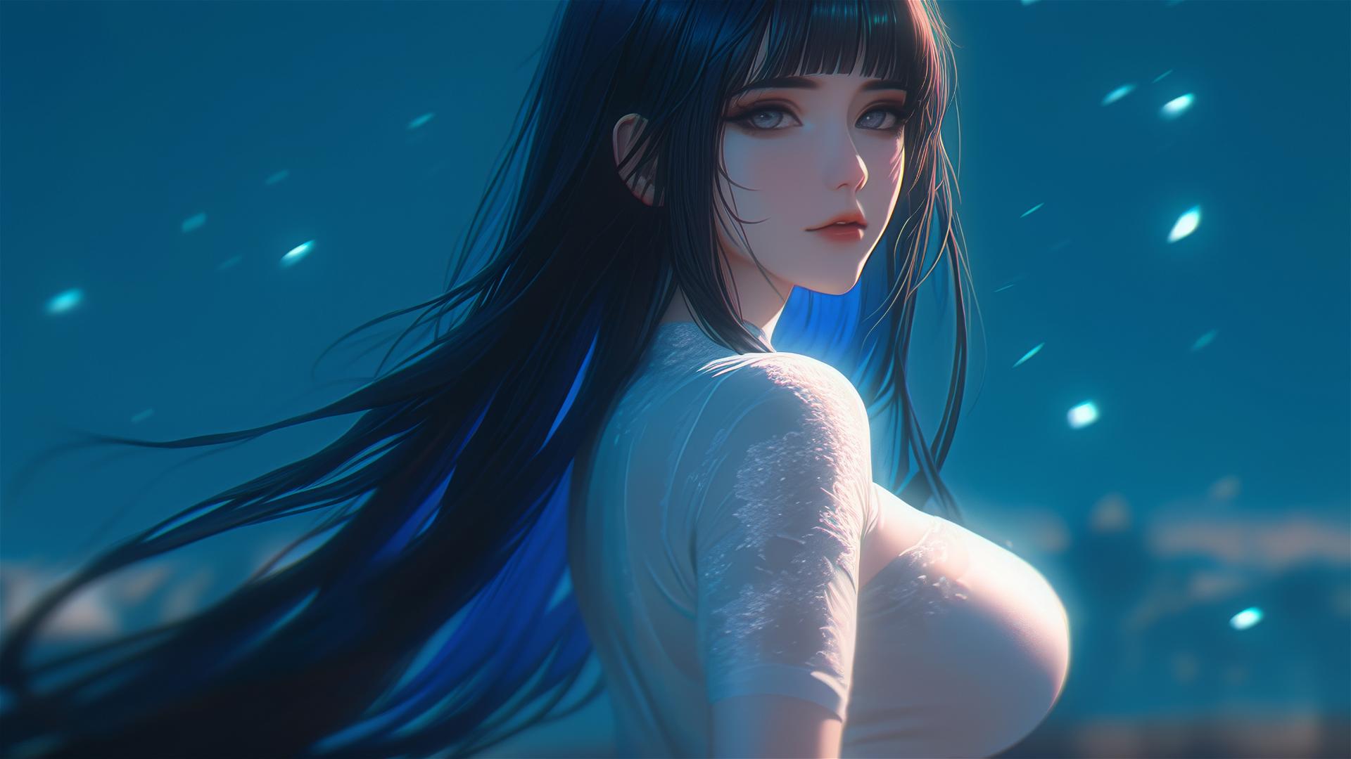 Hinata Hyuga walking under a starry sky with moonlight casting a soft glow