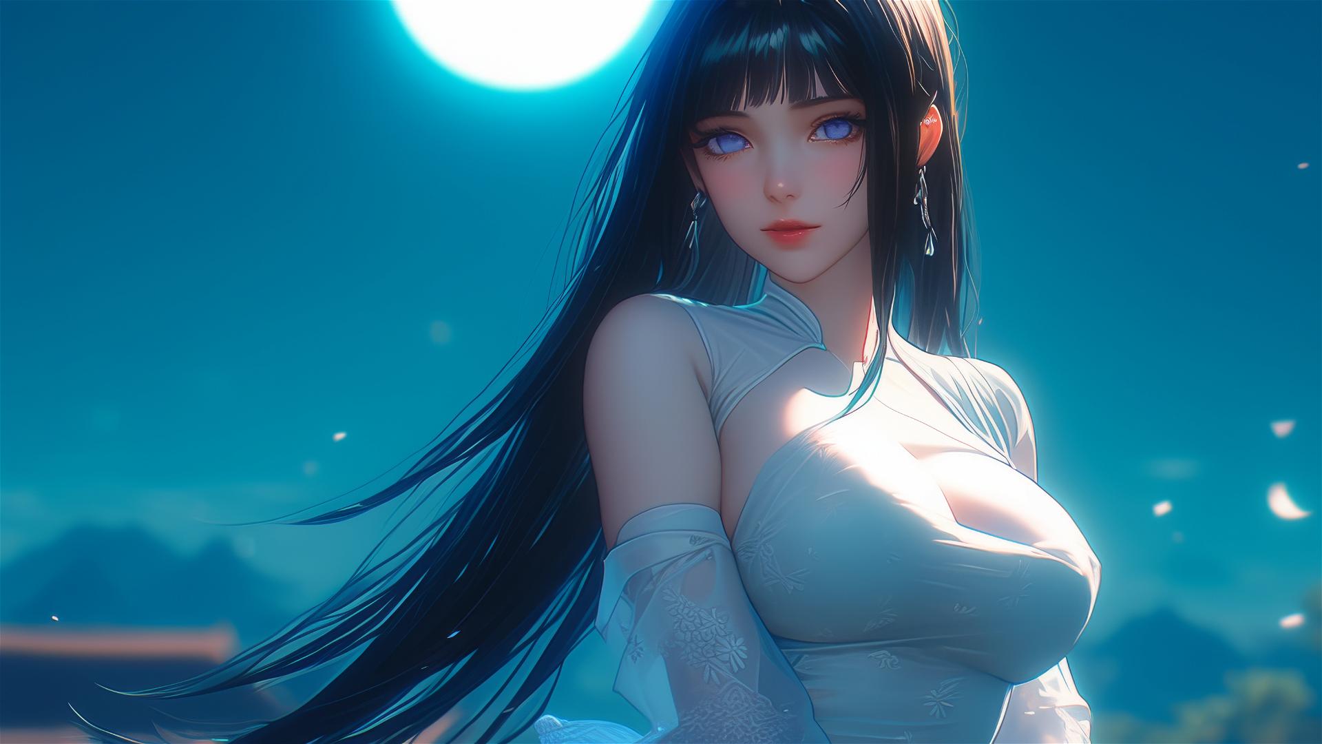 Hinata Hyuga walking under starry night with moonlight casting a soft glow