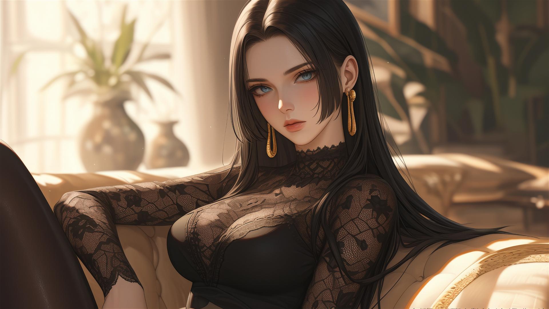 Boa Hancock from One Piece in an art gallery under soft lighting