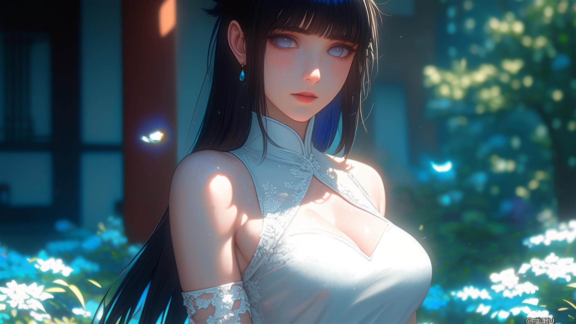 Hinata Hyuga walking in a sunlit blooming garden
