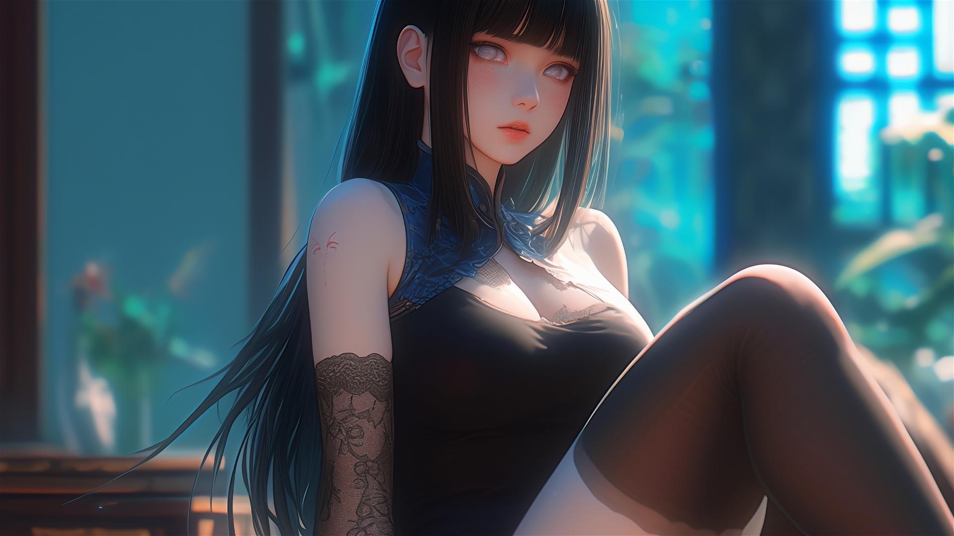 Hinata Hyuga at home, sunlight casting a soft glow