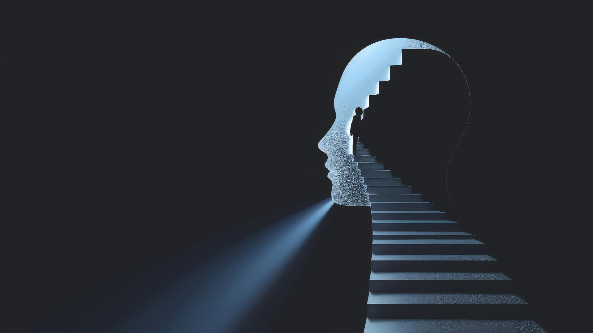 Sculptural head silhouette with open mind leading to stairs and lone figure against black background