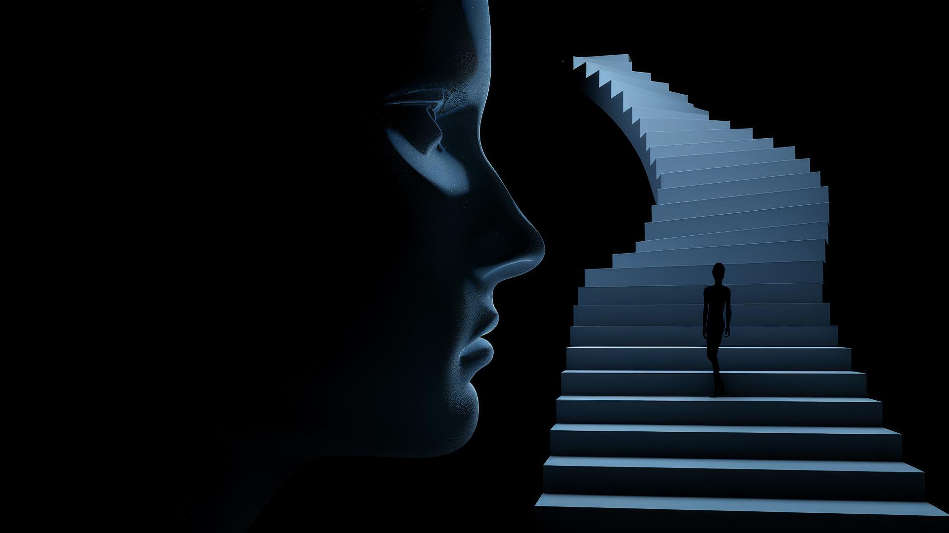 Sculptural head silhouette with stairs in mind, lone figure ascending, black background, blue-white lighting