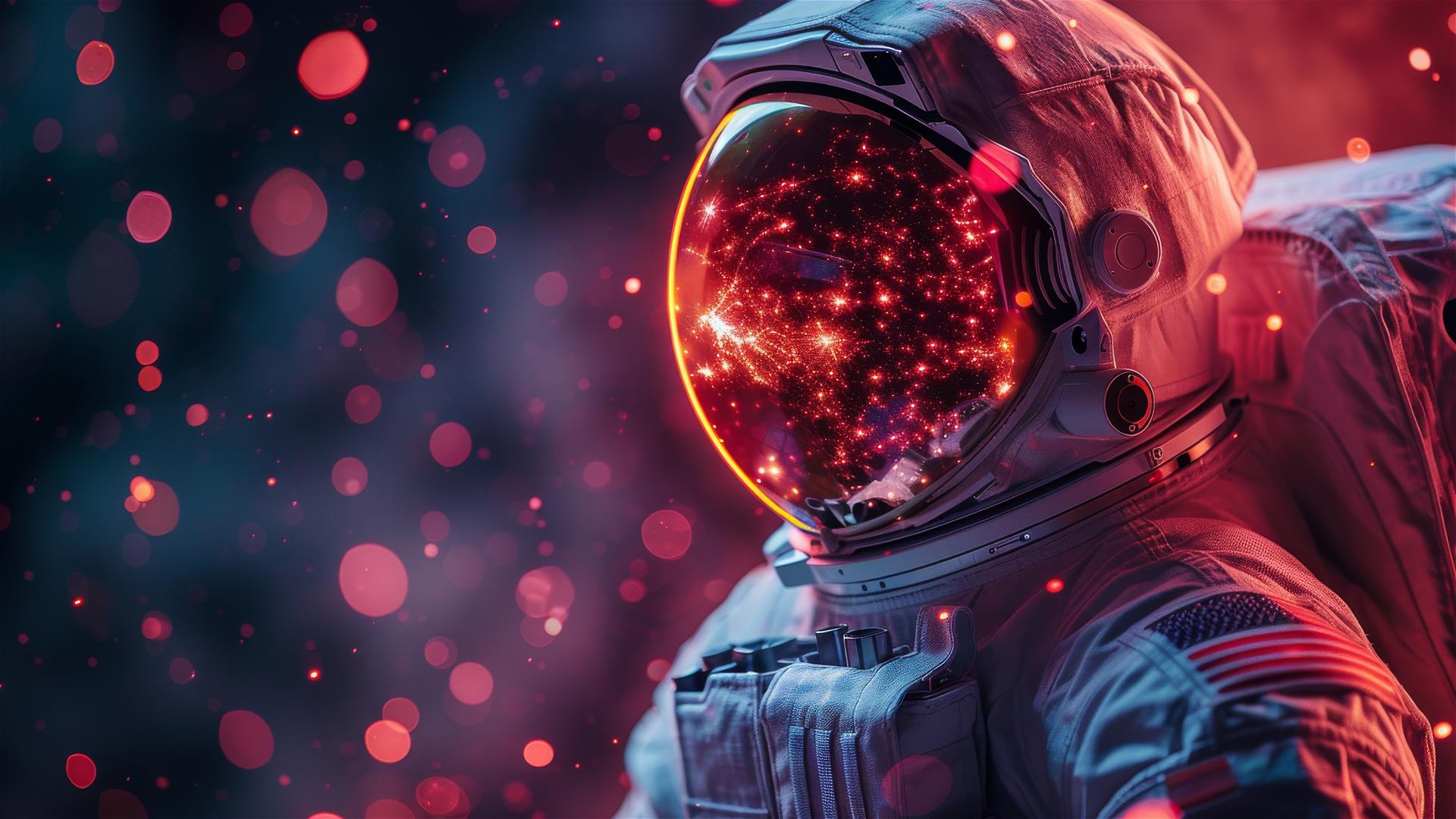 Ultra-photorealistic pink astronaut against black, deep contrast