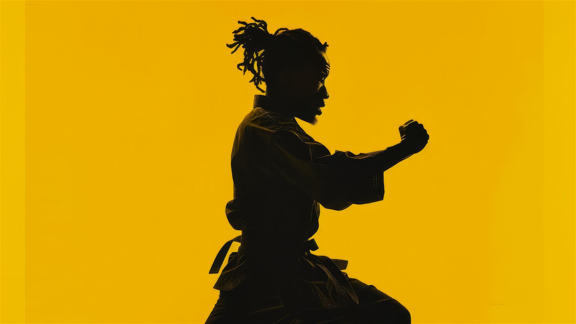 1970s Black martial artist silhouette on yellow background
