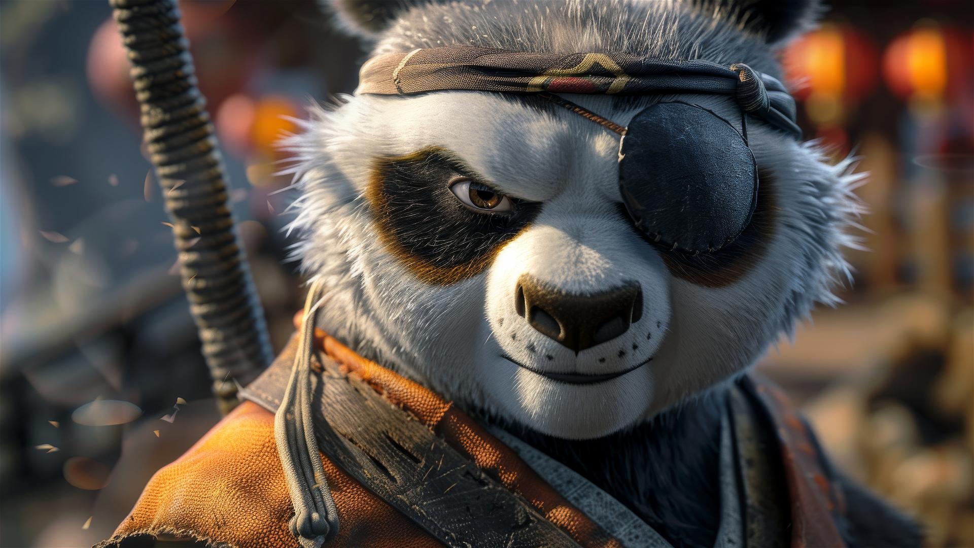 3D-rendered Pixar-style panda with eyepatch, textured fur, and smirking expression