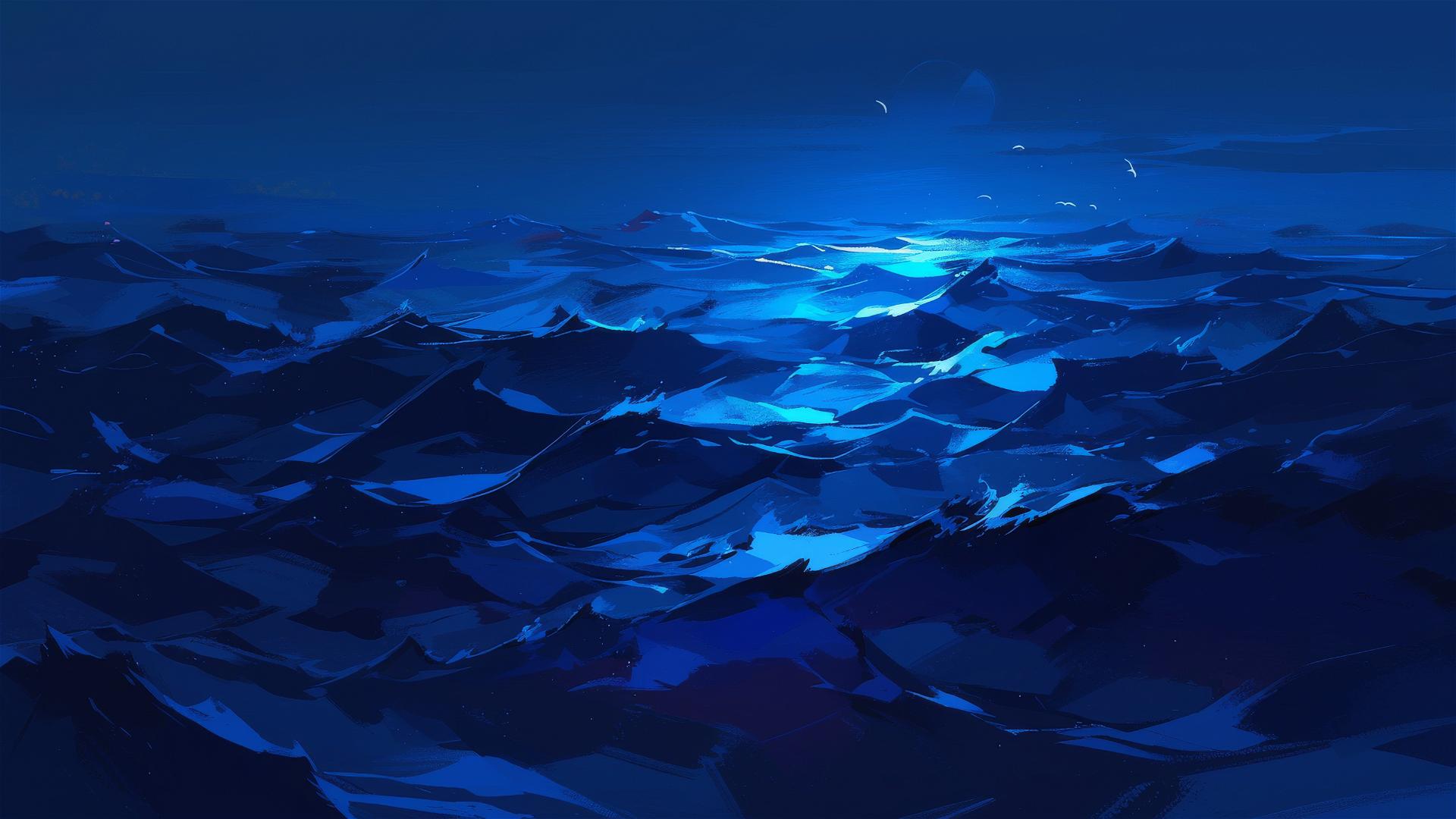 Aesthetic dark ocean with black sky and blue waves at midnight