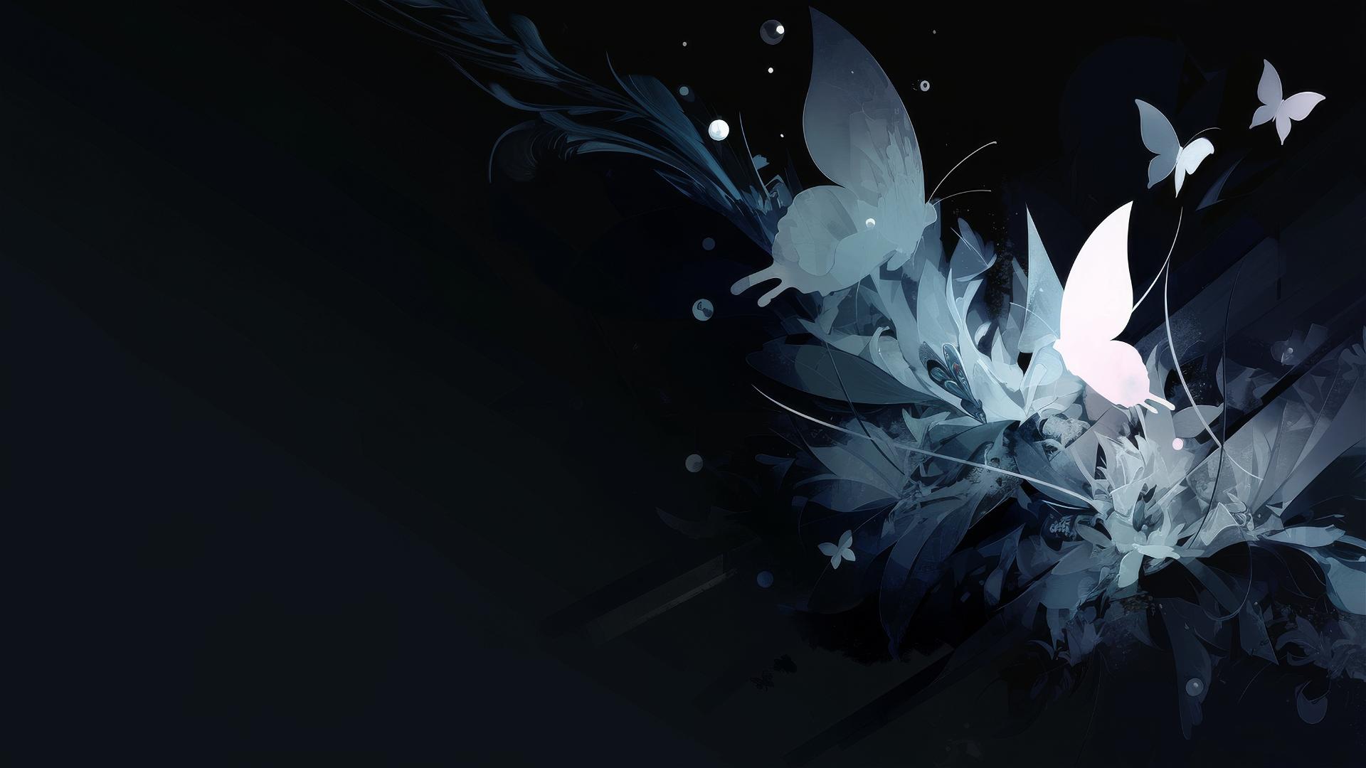 Delicate black butterfly with moonlit wings on dark background