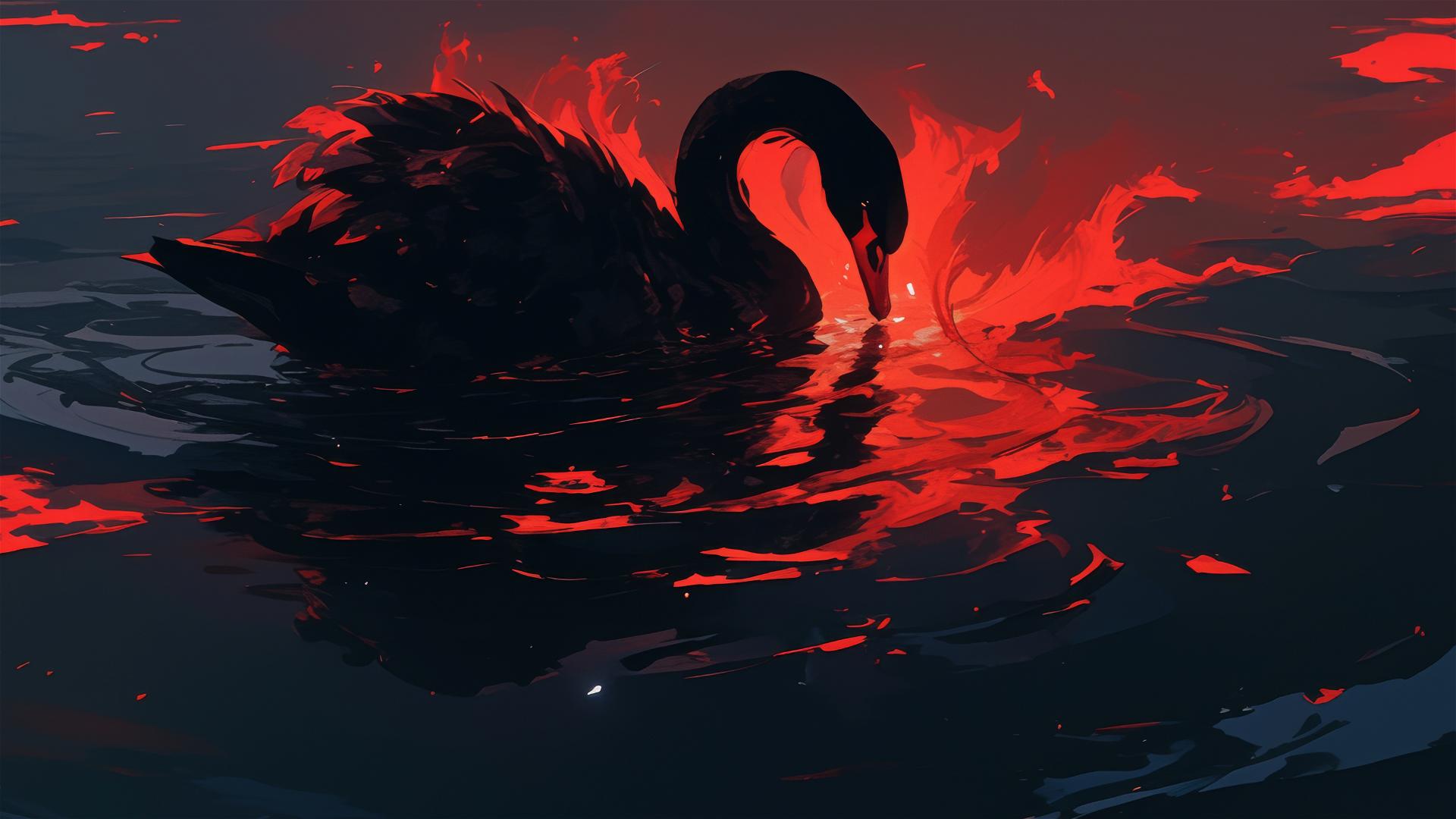 Dark scene with black swan on a lake at midnight, outline only, serene