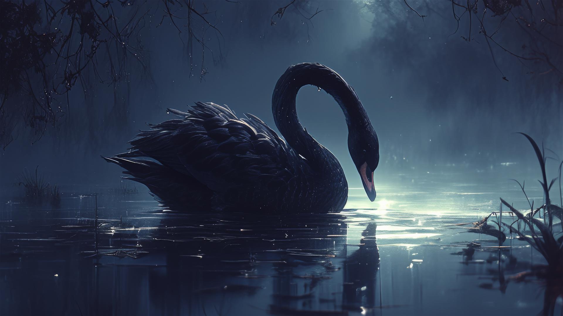 Black swan merges with midnight lake in a dark, serene scene