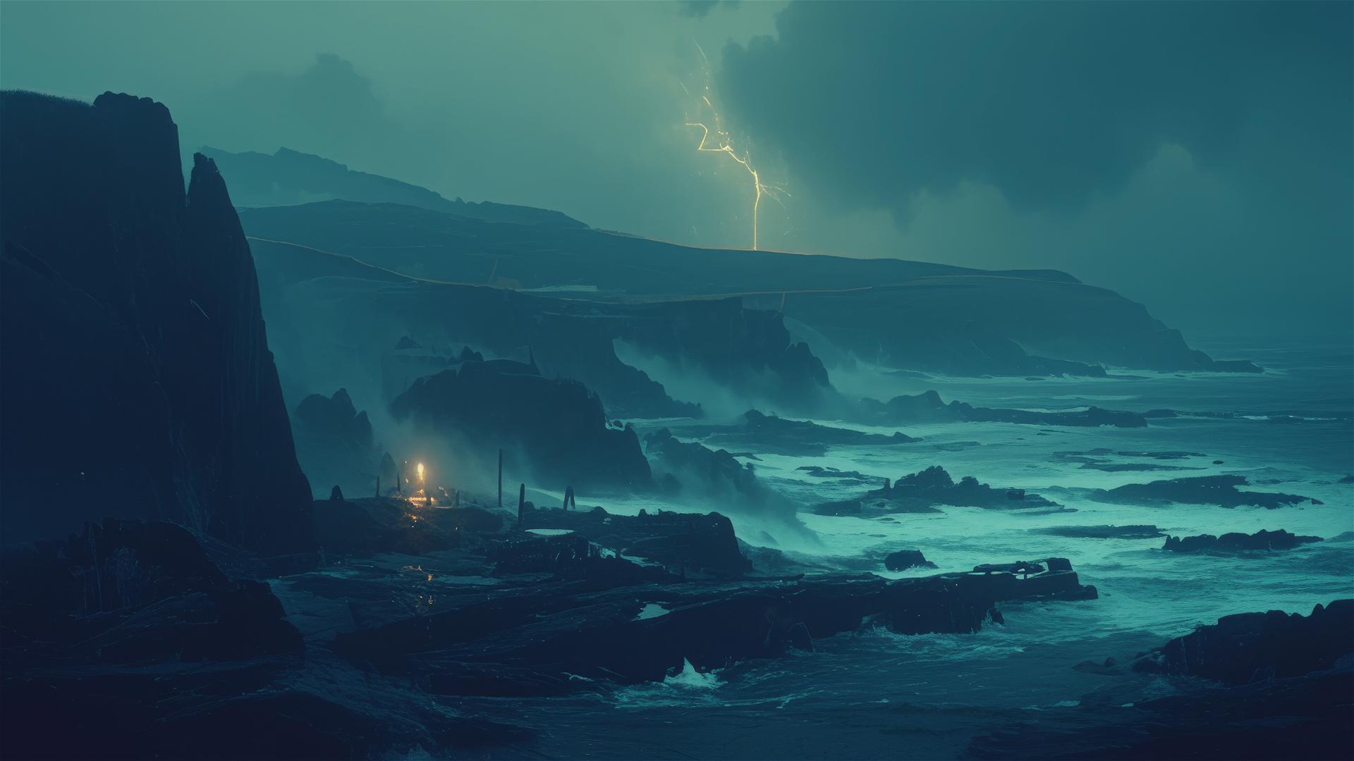Aesthetic dark cliffside with waves crashing below during a thunderstorm, the spray illuminated by lightning, fierce and beautiful