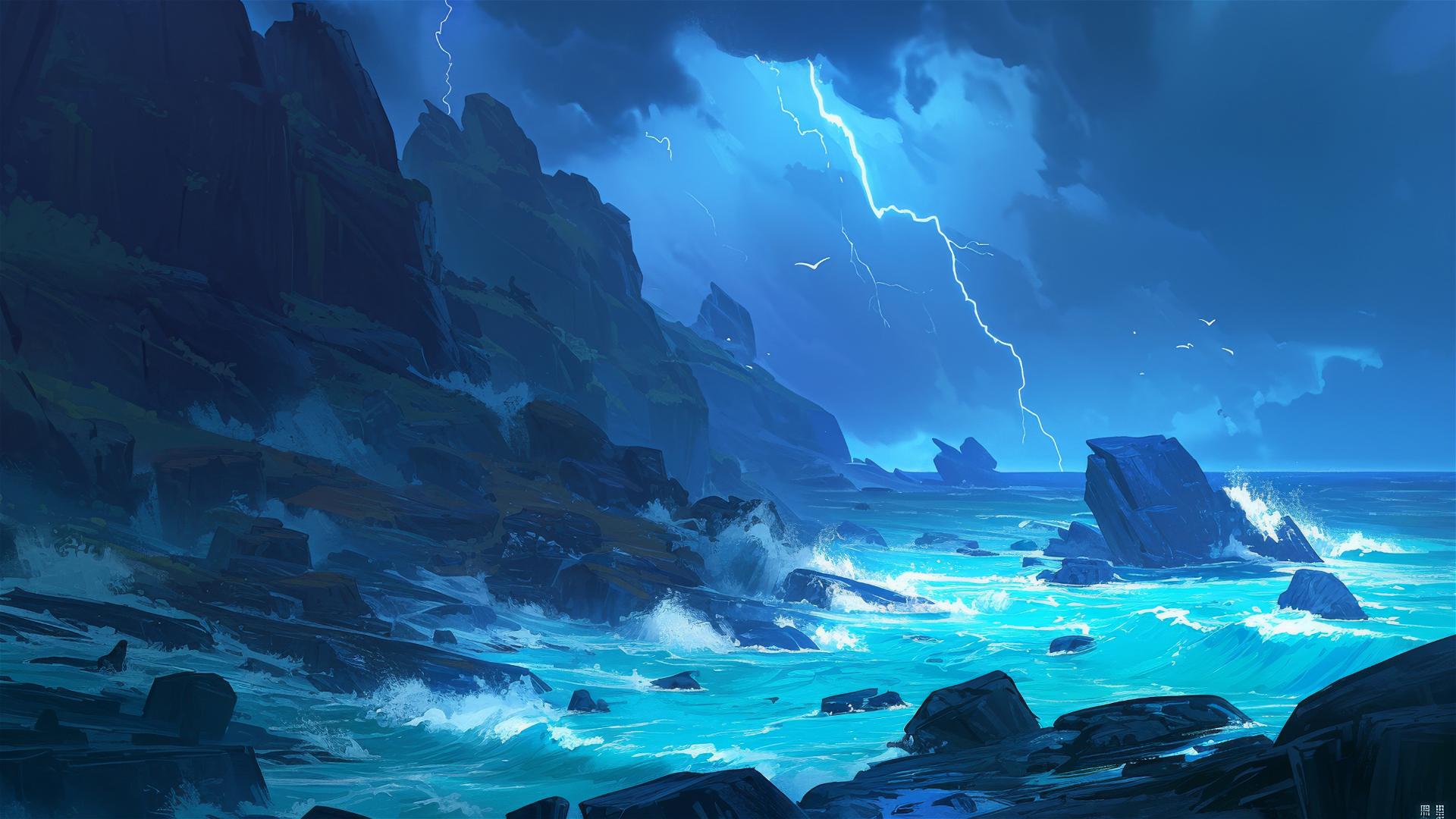Dark cliffside with waves crashing and lightning highlights