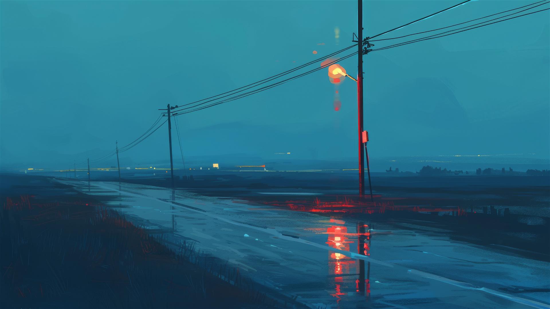 Dark road under a solitary streetlamp