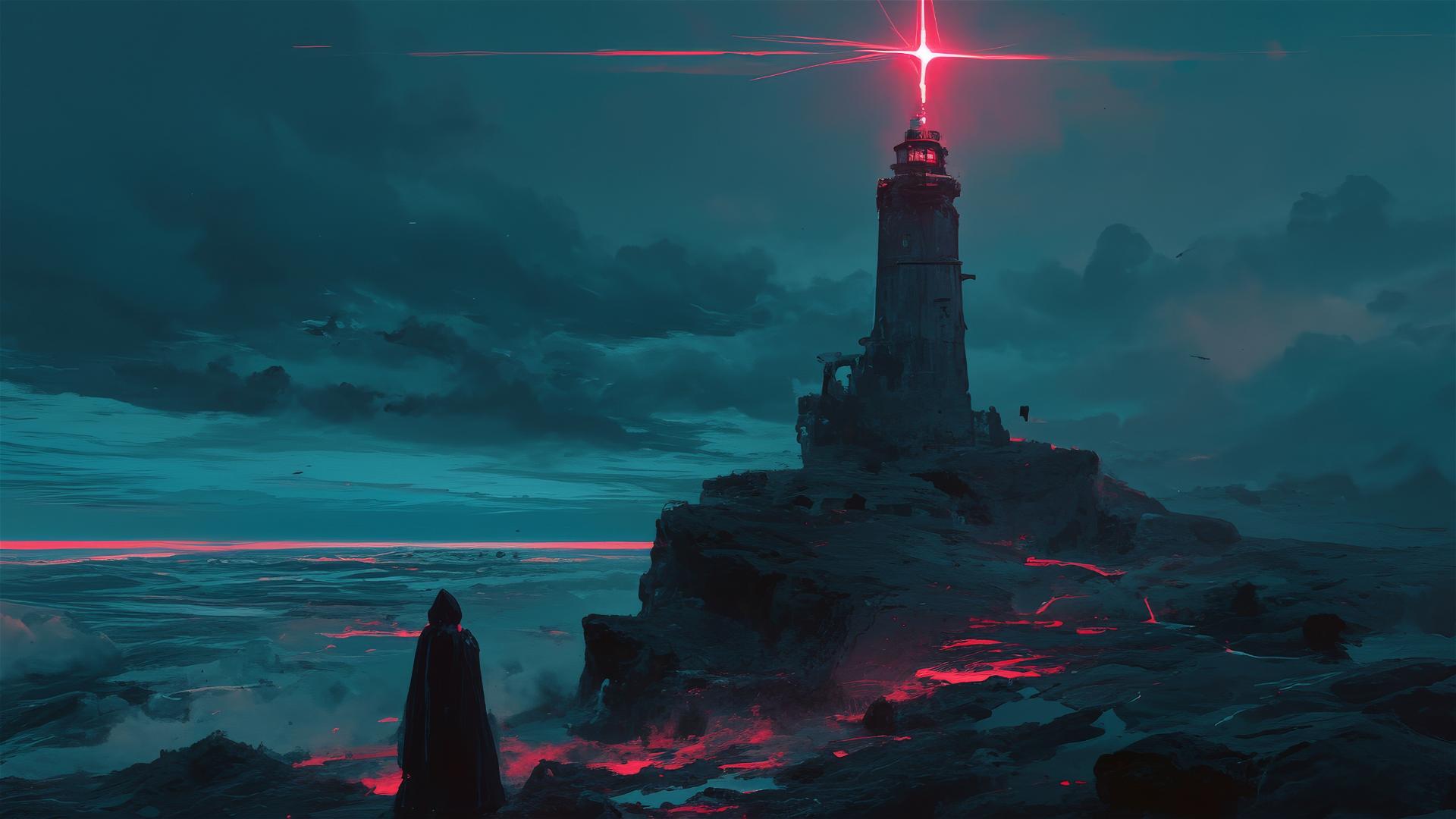 Derelict lighthouse on cliff at night with rhythmic waves